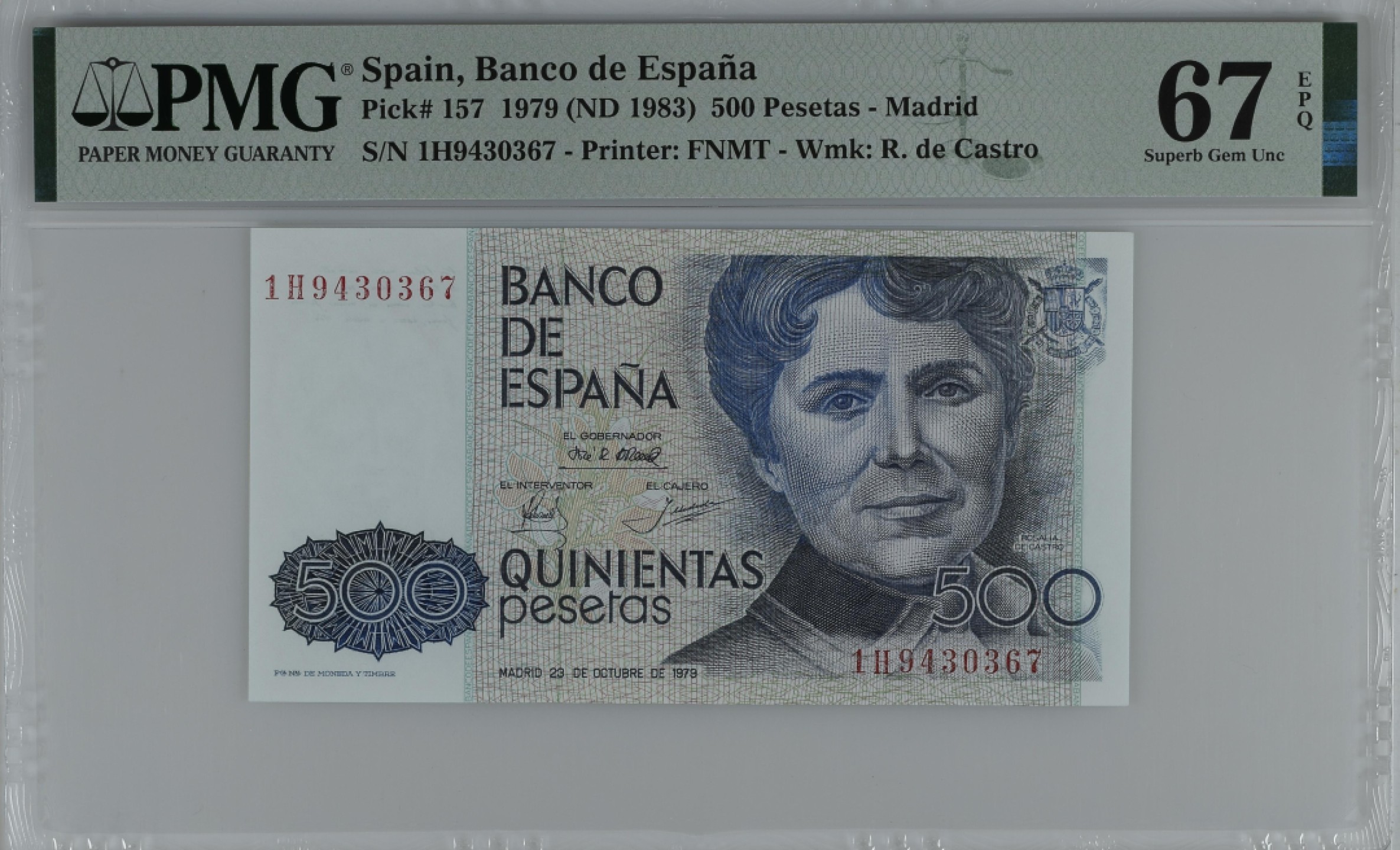 紫瑗钱币——第284期拍卖—纸币团购场 满10件包邮 【67 EPQ】西班牙 1979(1983)年 罗莎莉亚·德·卡斯特罗 500比塞塔 PMG 1H9430367