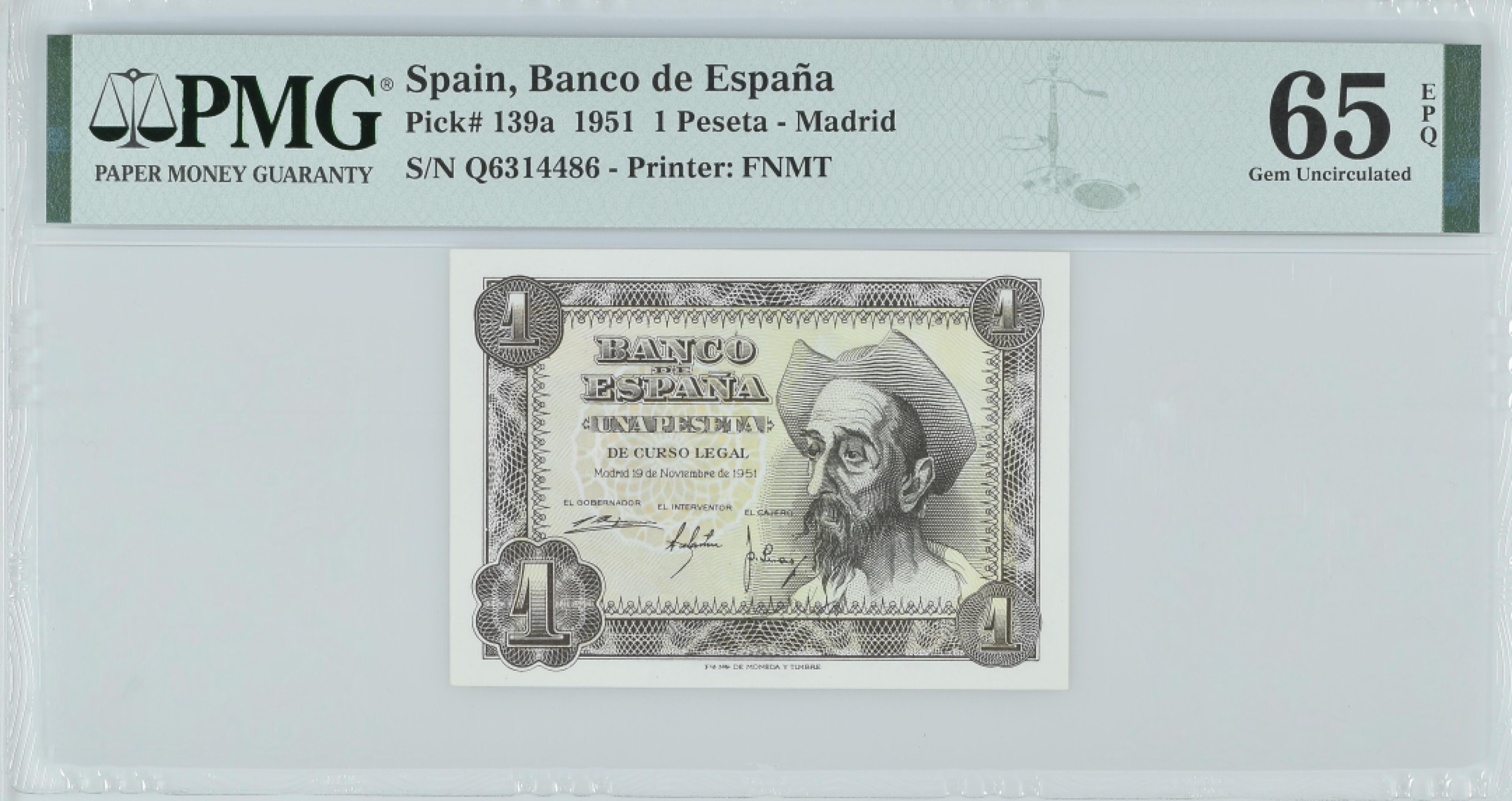 紫瑗钱币——第282期拍卖—纸币团购场（塞尔维亚 西班牙） 满10件包邮 【65 EPQ】西班牙 1951年 唐吉坷德 1比塞塔 PMG (p-139a) Q6314486
