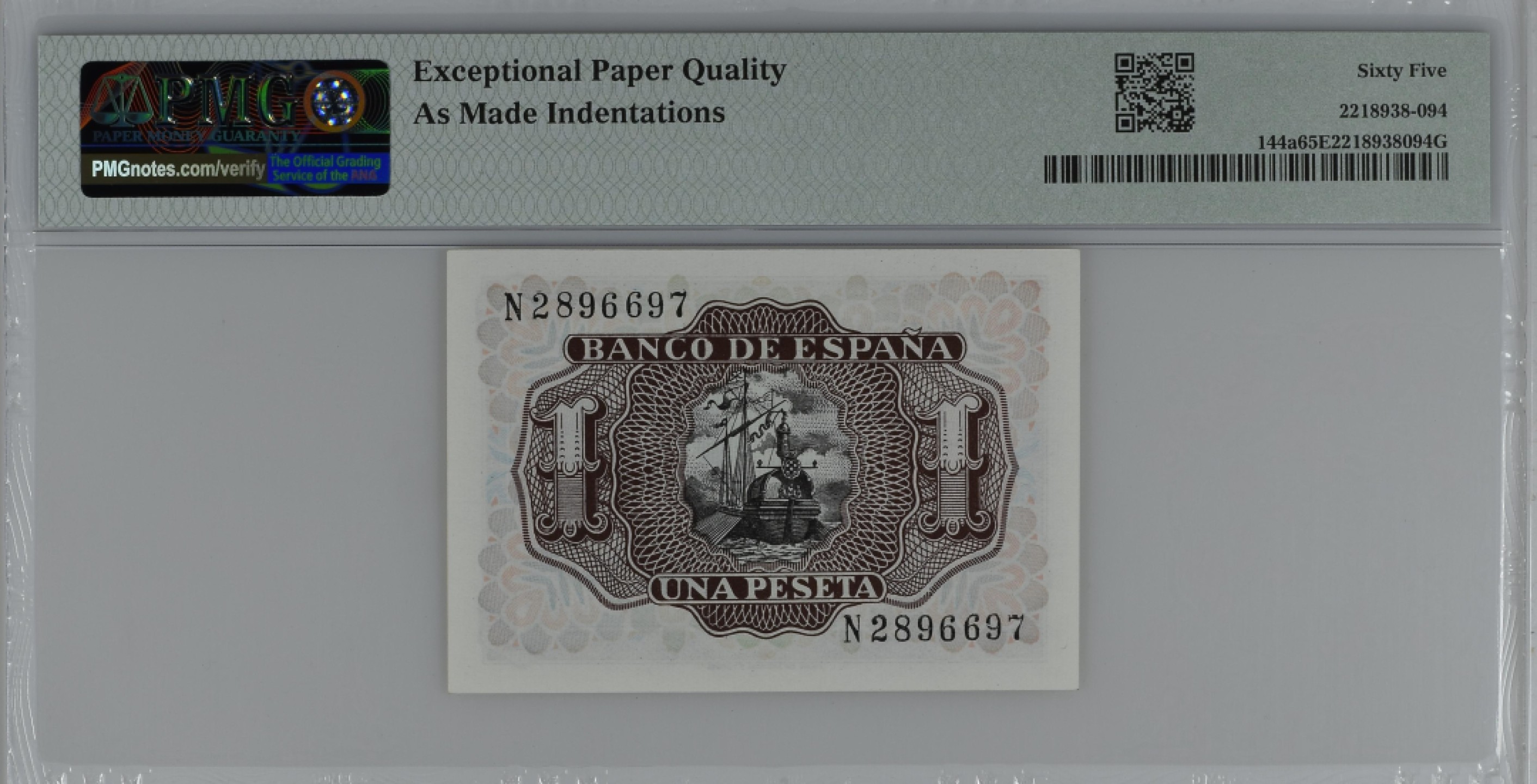 紫瑗钱币——第284期拍卖—纸币团购场 满10件包邮 【65 EPQ】西班牙 1953年  圣克鲁斯侯爵 阿尔瓦罗·德·巴赞 1比塞塔 PMG N2896697