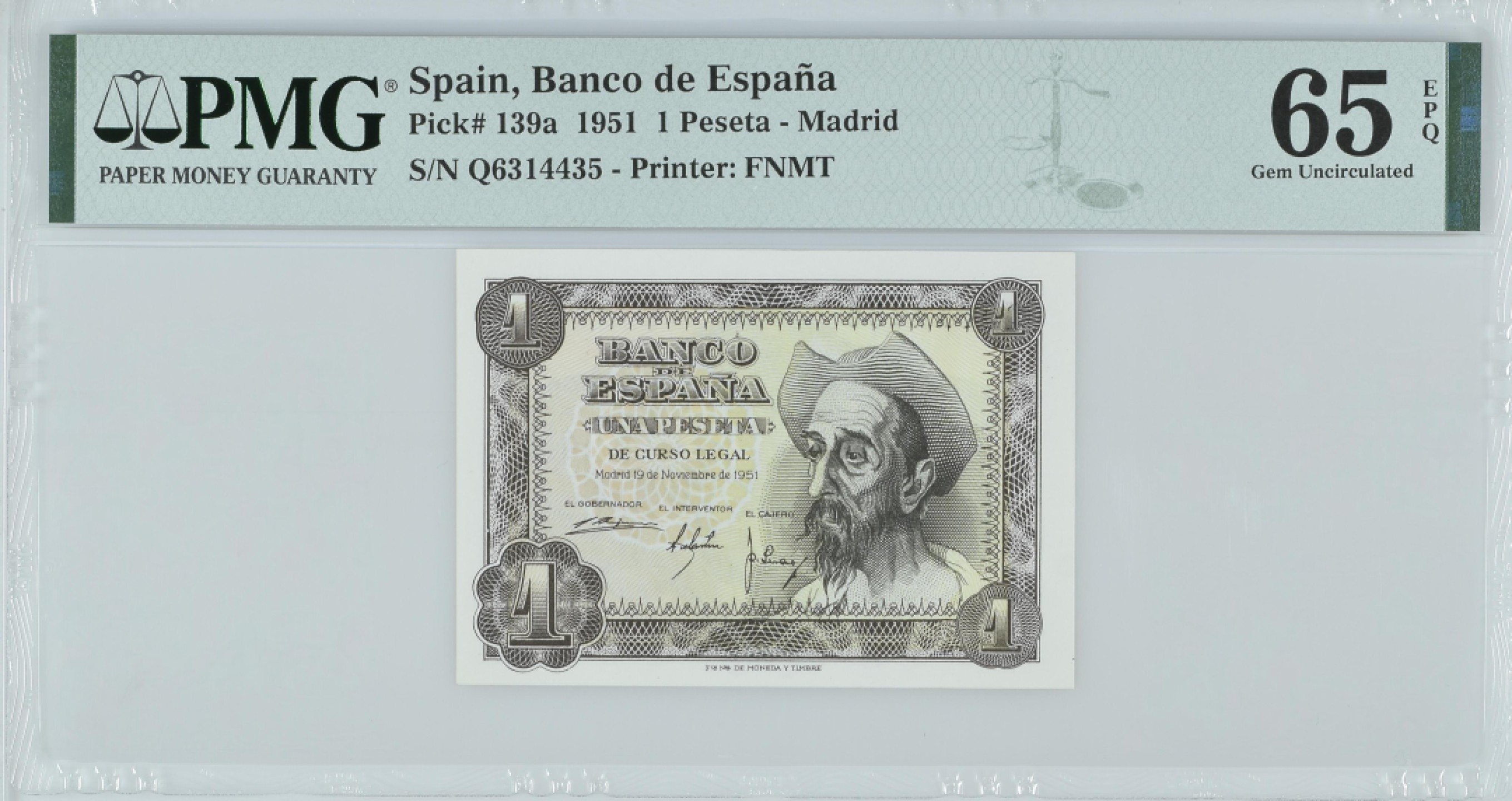 紫瑗钱币——第282期拍卖—纸币团购场（塞尔维亚 西班牙） 满10件包邮 【65 EPQ】西班牙 1951年 唐吉坷德 1比塞塔 PMG (p-139a) Q6314435