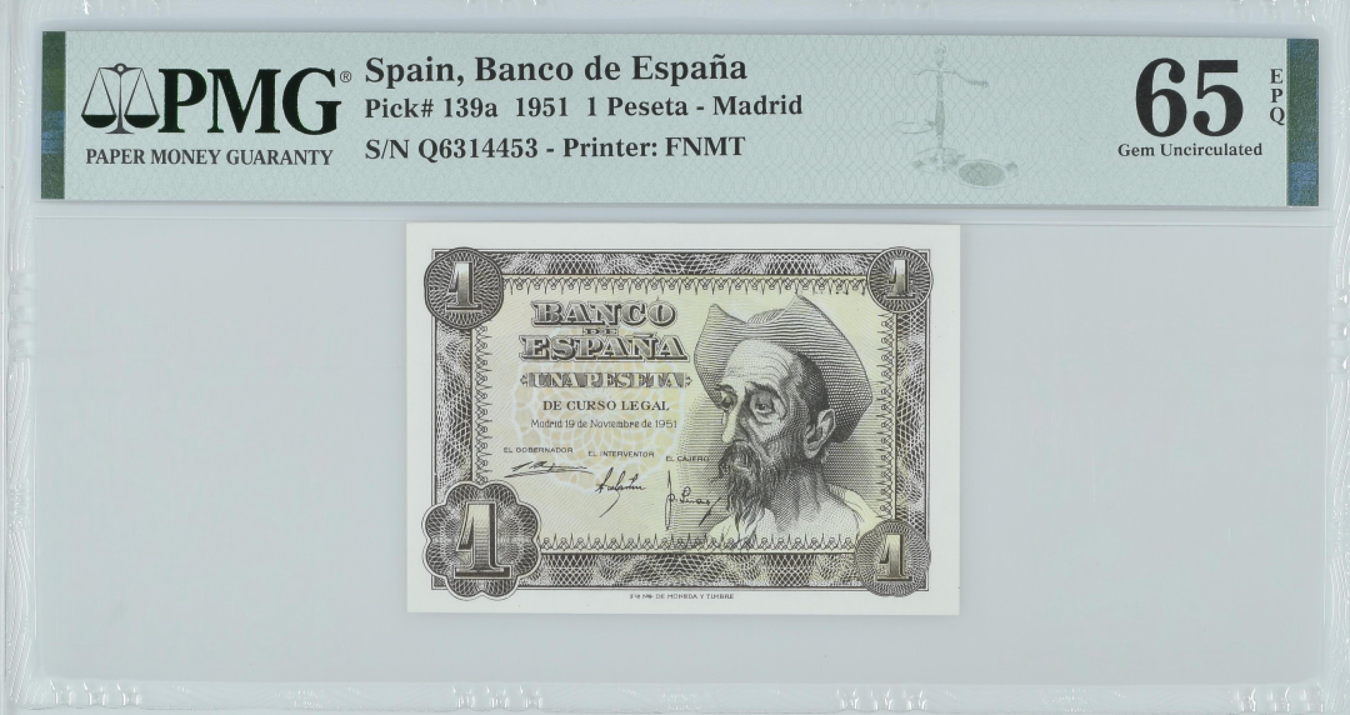 紫瑗钱币——第282期拍卖—纸币团购场（塞尔维亚 西班牙） 满10件包邮 【65 EPQ】西班牙 1951年 唐吉坷德 1比塞塔 PMG (p-139a) Q6314453
