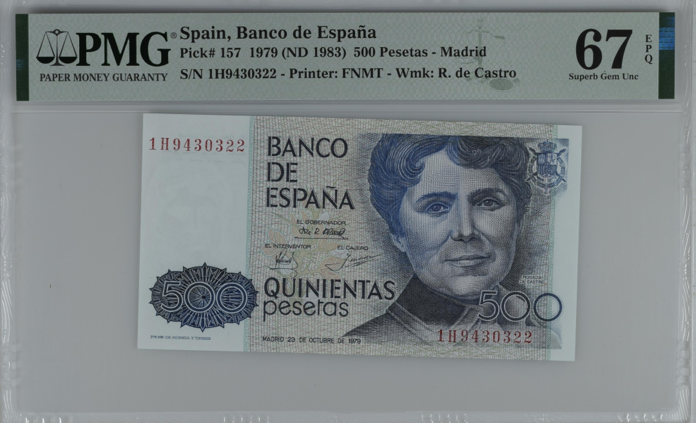紫瑗钱币——第284期拍卖—纸币团购场 满10件包邮 【67 EPQ 叠尾2】西班牙 1979(1983)年 罗莎莉亚·德·卡斯特罗 500比塞塔 PMG 1H9430322