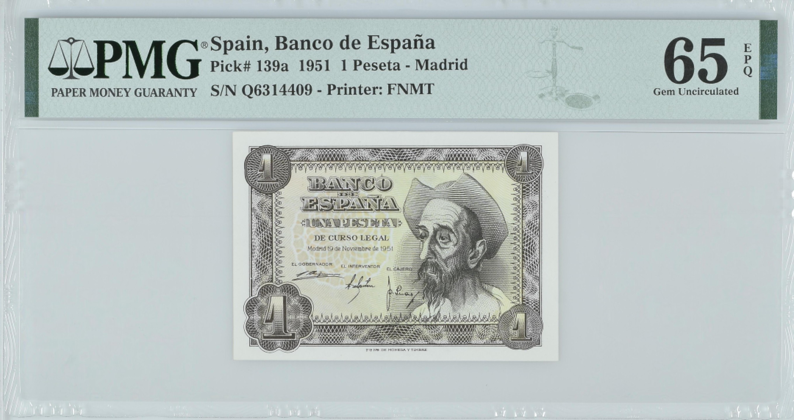 紫瑗钱币——第282期拍卖—纸币团购场（塞尔维亚 西班牙） 满10件包邮 【65 EPQ】西班牙 1951年 唐吉坷德 1比塞塔 PMG (p-139a) Q6314409