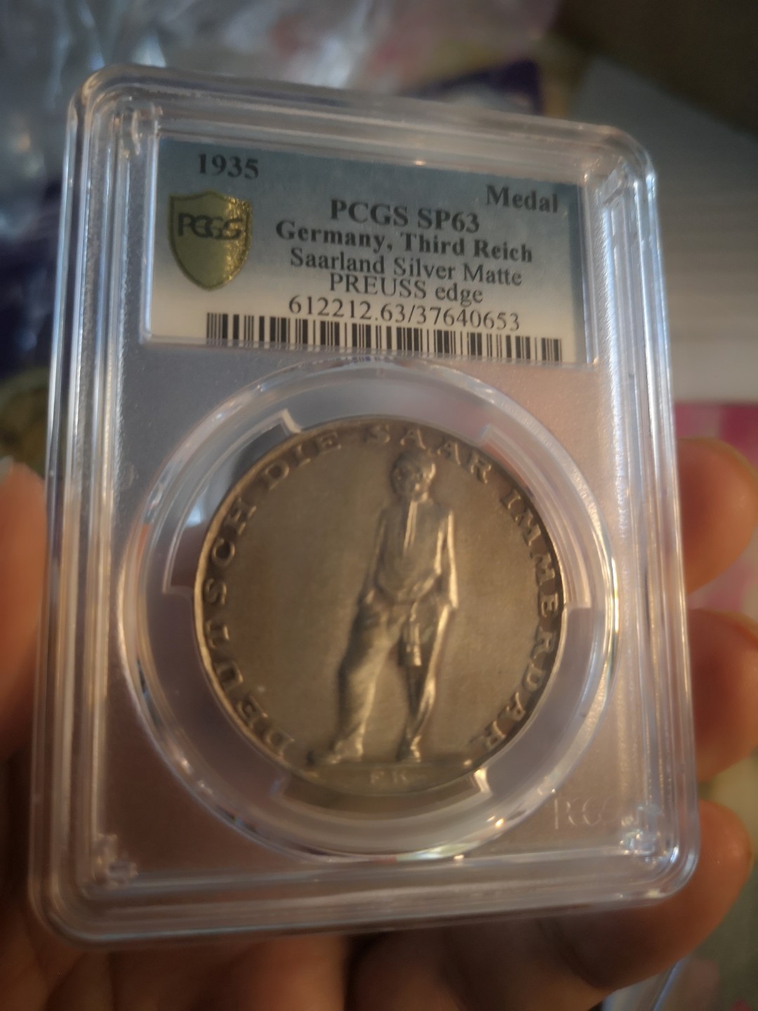 长老汇精品老银币系列 1935吞并萨尔区纪念银章，PCGS SP63