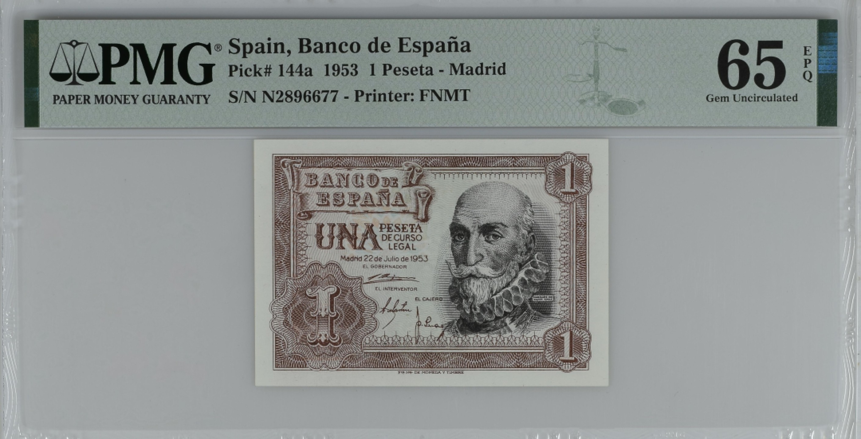 紫瑗钱币——第284期拍卖—纸币团购场 满10件包邮 【65 EPQ 叠尾7】西班牙 1953年  圣克鲁斯侯爵 阿尔瓦罗·德·巴赞 1比塞塔 PMG N2896677