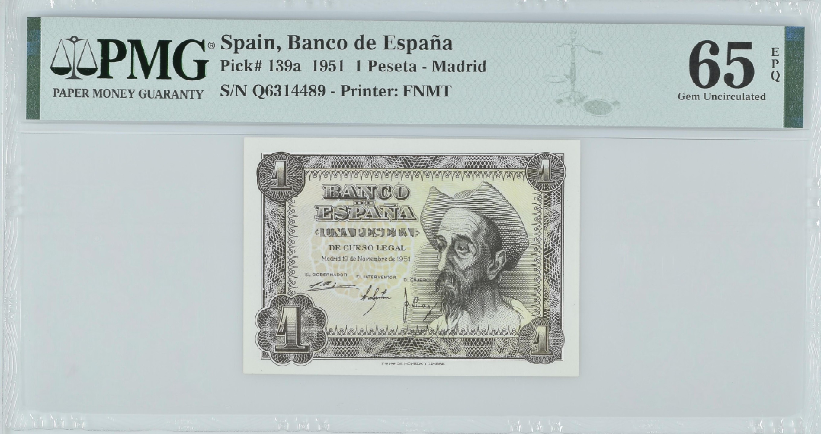 紫瑗钱币——第282期拍卖—纸币团购场（塞尔维亚 西班牙） 满10件包邮 【65 EPQ】西班牙 1951年 唐吉坷德 1比塞塔 PMG (p-139a) Q6314489