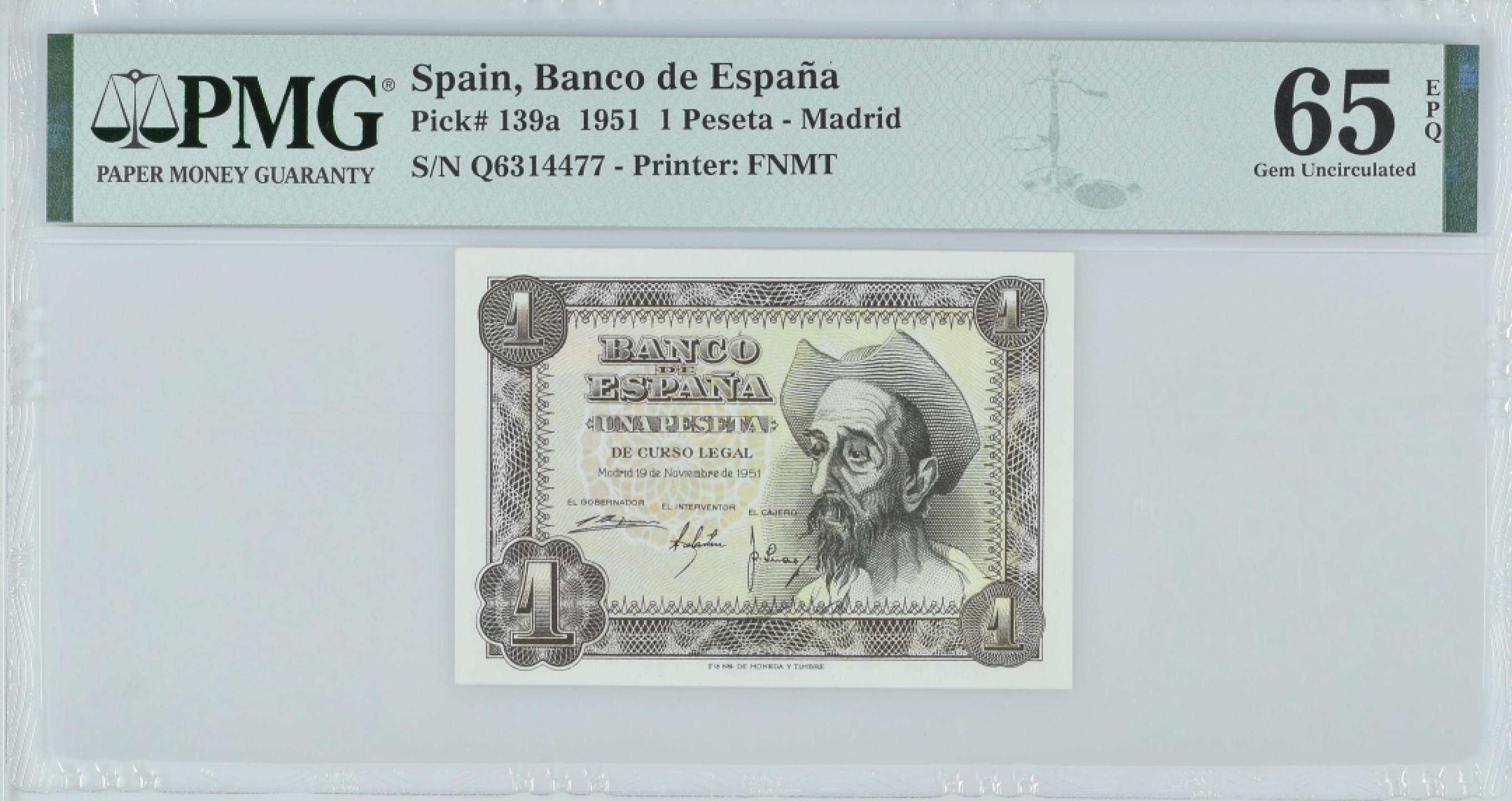 紫瑗钱币——第282期拍卖—纸币团购场（塞尔维亚 西班牙） 满10件包邮 【65 EPQ】西班牙 1951年 唐吉坷德 1比塞塔 PMG (p-139a) Q6314477