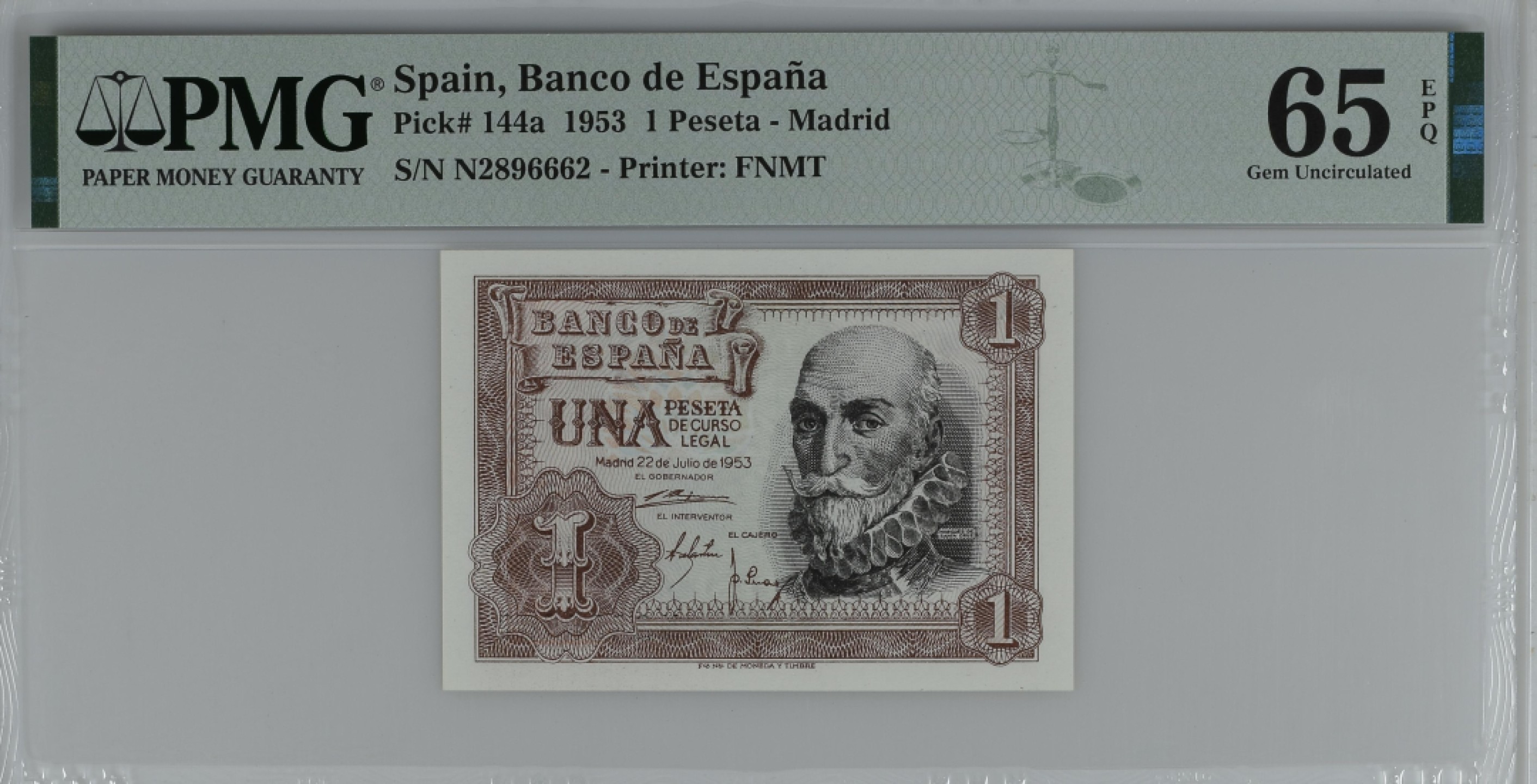 紫瑗钱币——第284期拍卖—纸币团购场 满10件包邮 【65 EPQ】西班牙 1953年  圣克鲁斯侯爵 阿尔瓦罗·德·巴赞 1比塞塔 PMG N2896662
