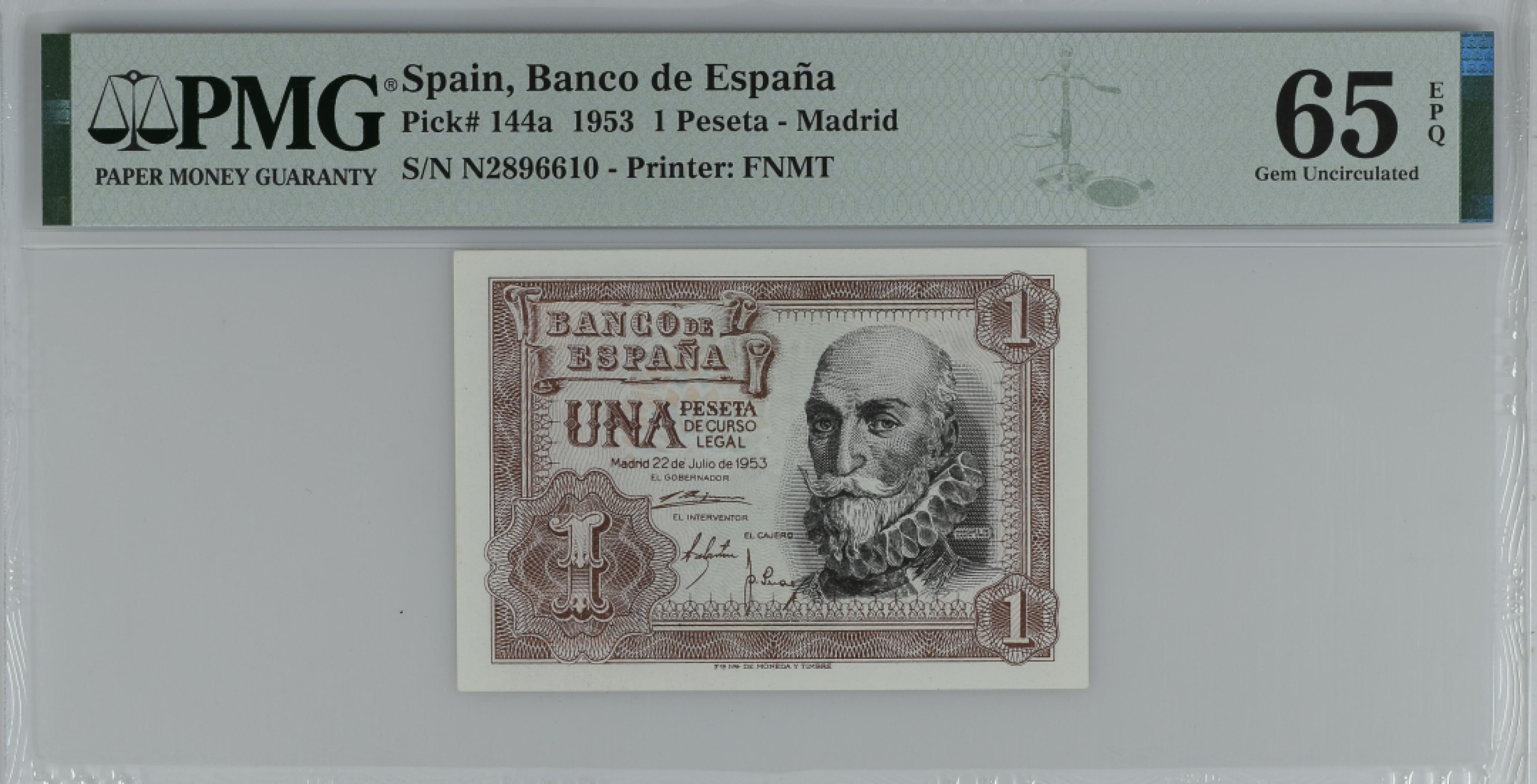 紫瑗钱币——第284期拍卖—纸币团购场 满10件包邮 【65 EPQ】西班牙 1953年  圣克鲁斯侯爵 阿尔瓦罗·德·巴赞 1比塞塔 PMG N2896610