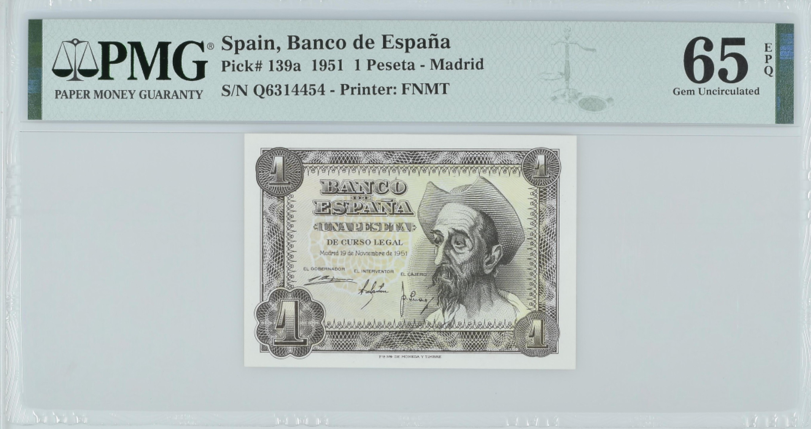 紫瑗钱币——第282期拍卖—纸币团购场（塞尔维亚 西班牙） 满10件包邮 【65 EPQ】西班牙 1951年 唐吉坷德 1比塞塔 PMG (p-139a) Q6314454