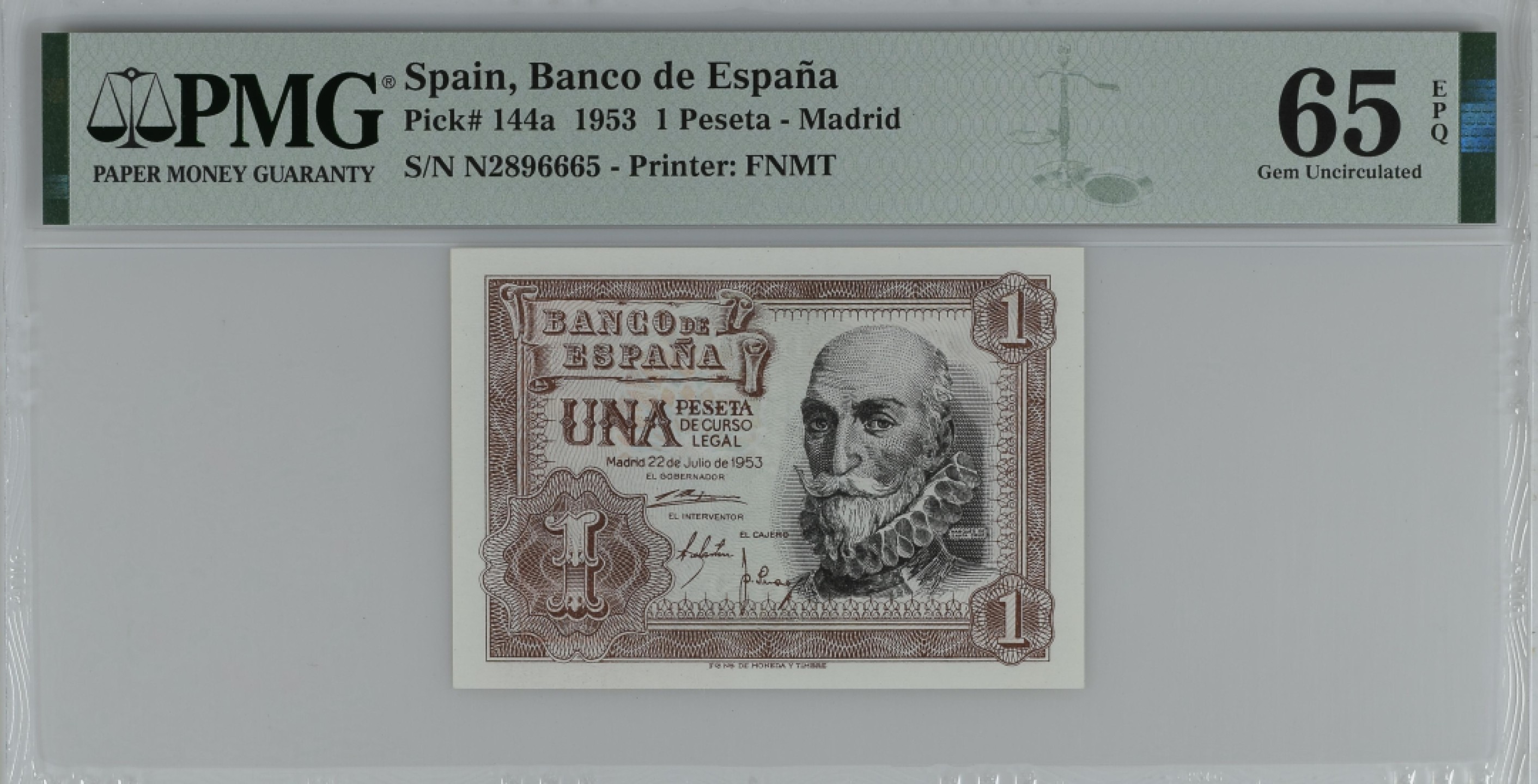 紫瑗钱币——第284期拍卖—纸币团购场 满10件包邮 【65 EPQ】西班牙 1953年  圣克鲁斯侯爵 阿尔瓦罗·德·巴赞 1比塞塔 PMG N2896665