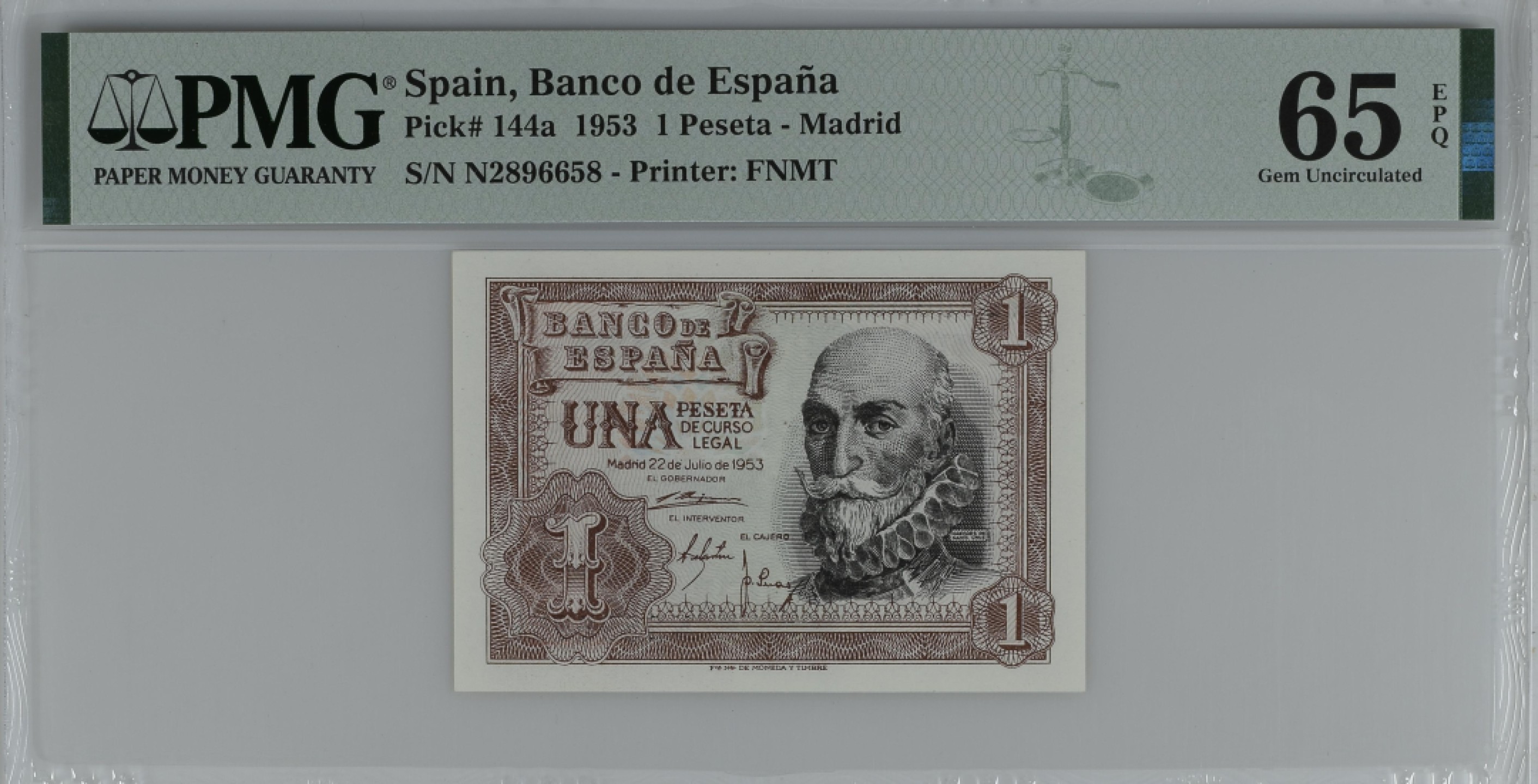紫瑗钱币——第284期拍卖—纸币团购场 满10件包邮 【65 EPQ】西班牙 1953年  圣克鲁斯侯爵 阿尔瓦罗·德·巴赞 1比塞塔 PMG N2896658