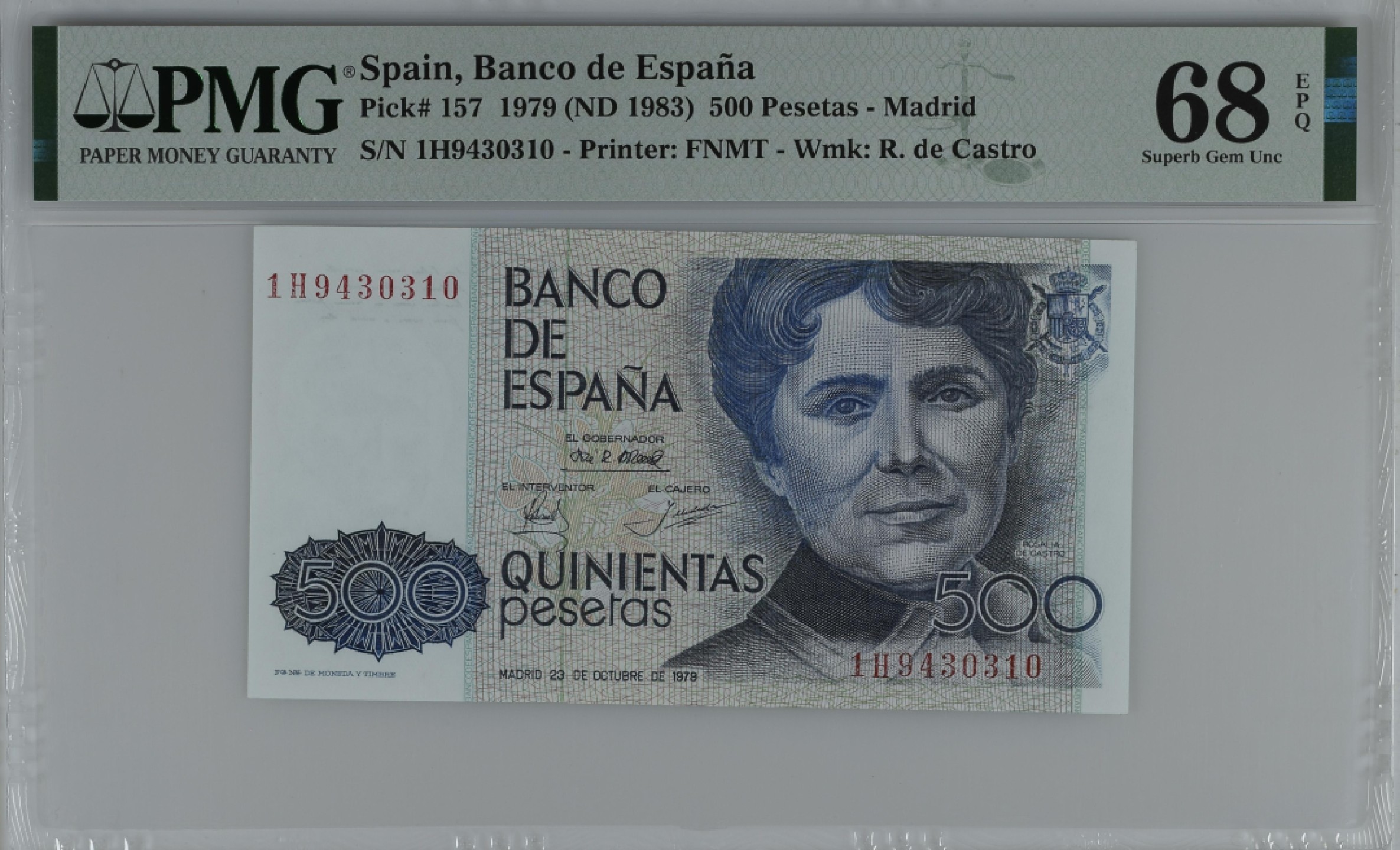 紫瑗钱币——第284期拍卖—纸币团购场 满10件包邮 【68 EPQ】西班牙 1979(1983)年 罗莎莉亚·德·卡斯特罗 500比塞塔 PMG 1H9430310