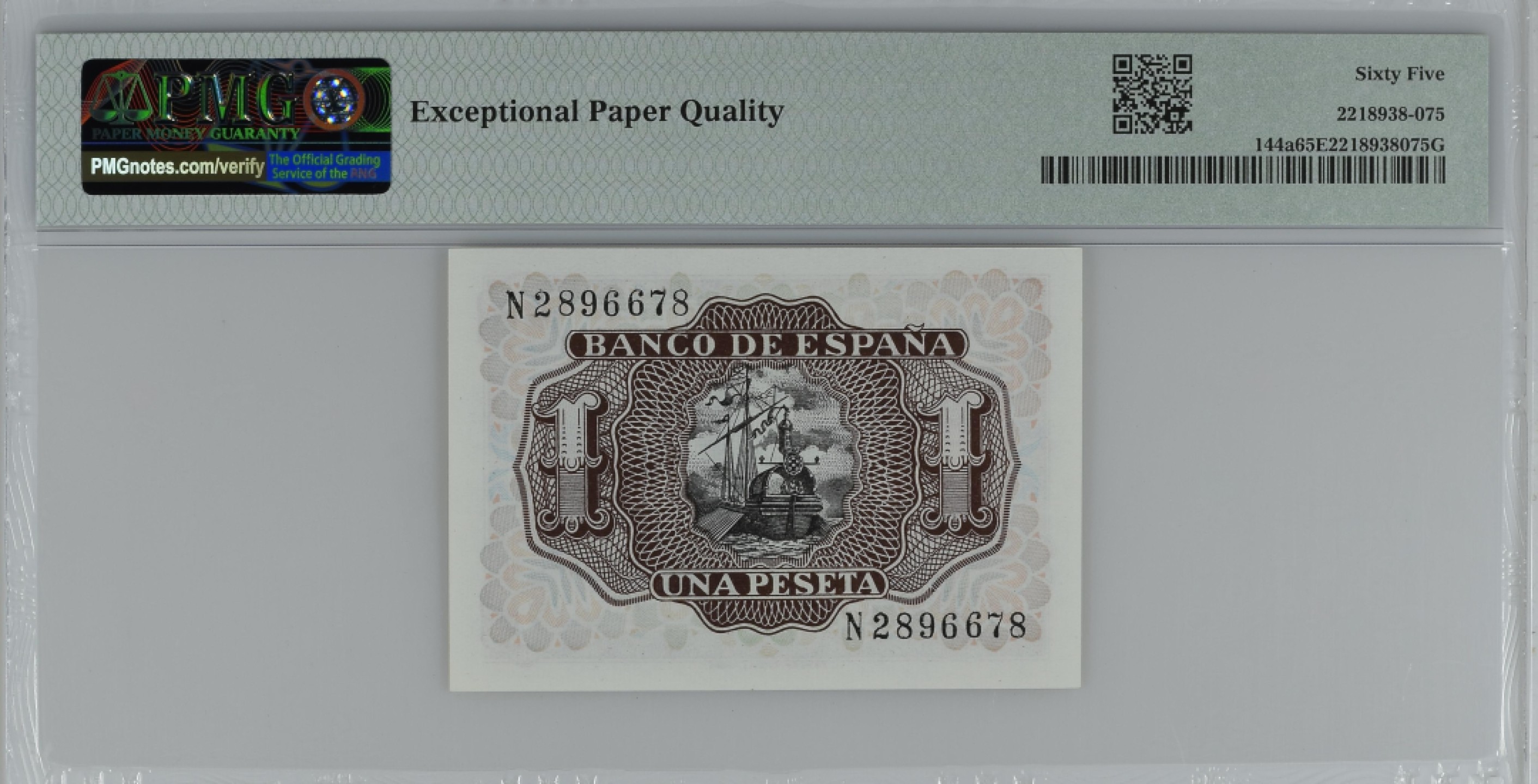 紫瑗钱币——第284期拍卖—纸币团购场 满10件包邮 【65 EPQ】西班牙 1953年  圣克鲁斯侯爵 阿尔瓦罗·德·巴赞 1比塞塔 PMG N2896678