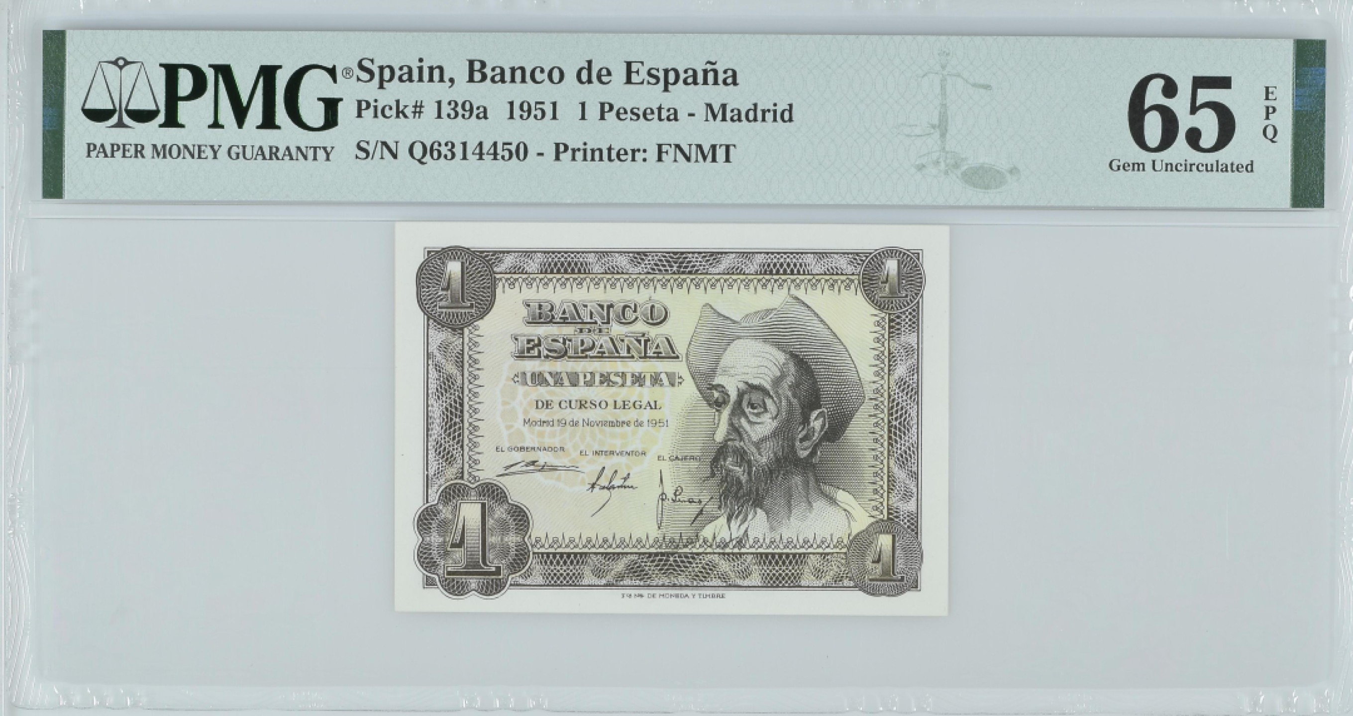 紫瑗钱币——第282期拍卖—纸币团购场（塞尔维亚 西班牙） 满10件包邮 【65 EPQ】西班牙 1951年 唐吉坷德 1比塞塔 PMG (p-139a) Q6314450