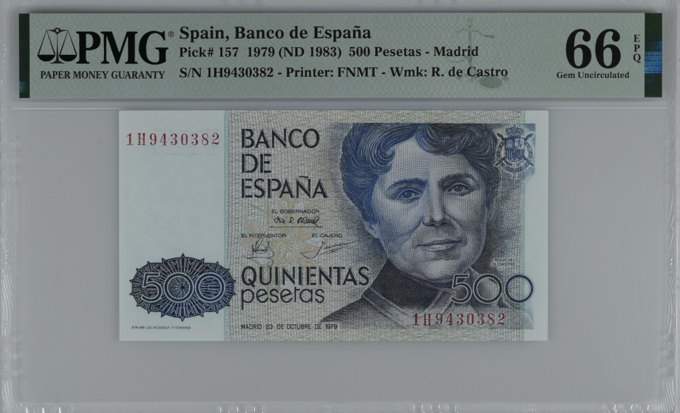 紫瑗钱币——第284期拍卖—纸币团购场 满10件包邮 【66 EPQ】西班牙 1979(1983)年 罗莎莉亚·德·卡斯特罗 500比塞塔 PMG 1H9430382