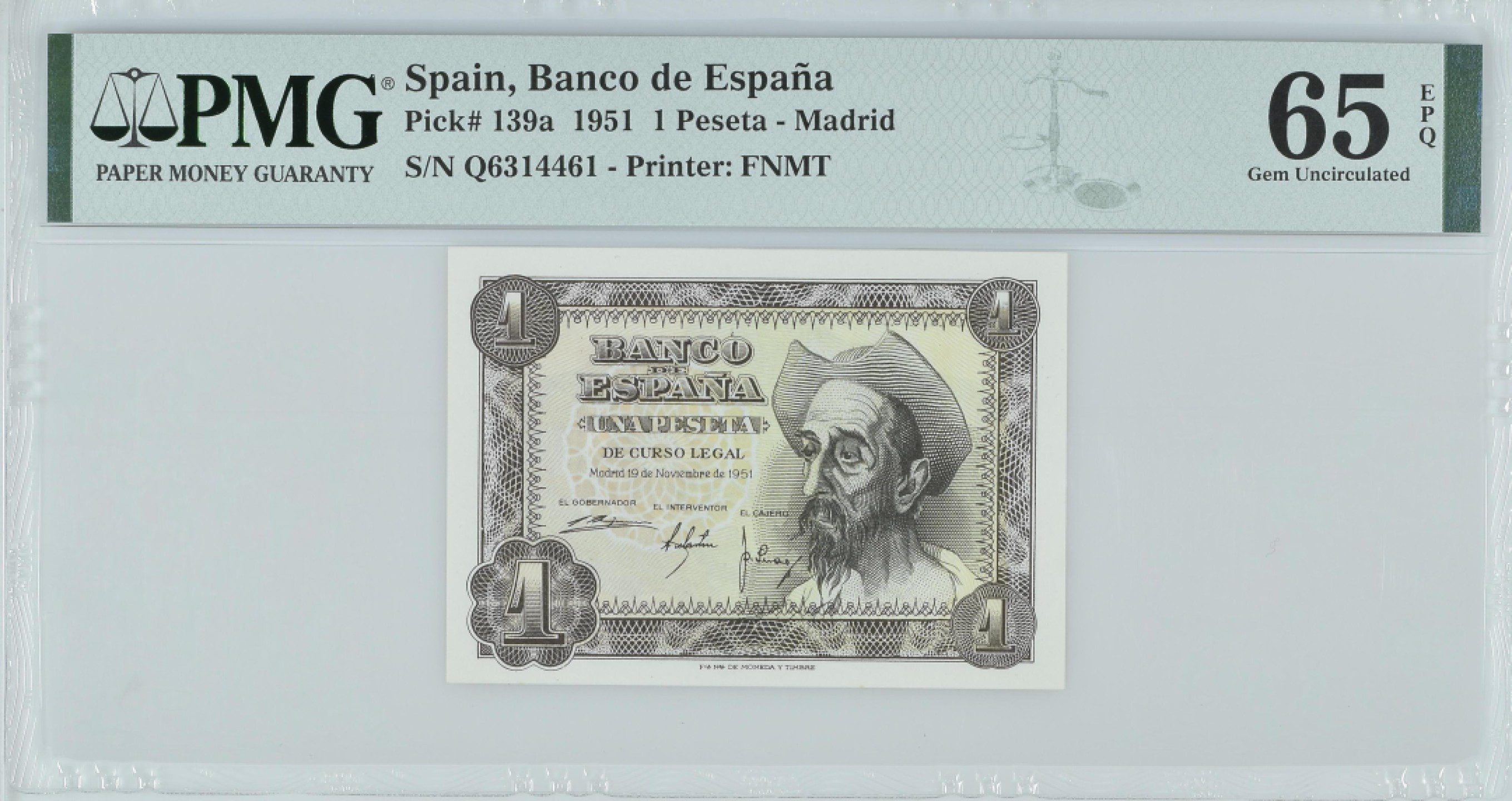 紫瑗钱币——第282期拍卖—纸币团购场（塞尔维亚 西班牙） 满10件包邮 【65 EPQ】西班牙 1951年 唐吉坷德 1比塞塔 PMG (p-139a) Q6314461