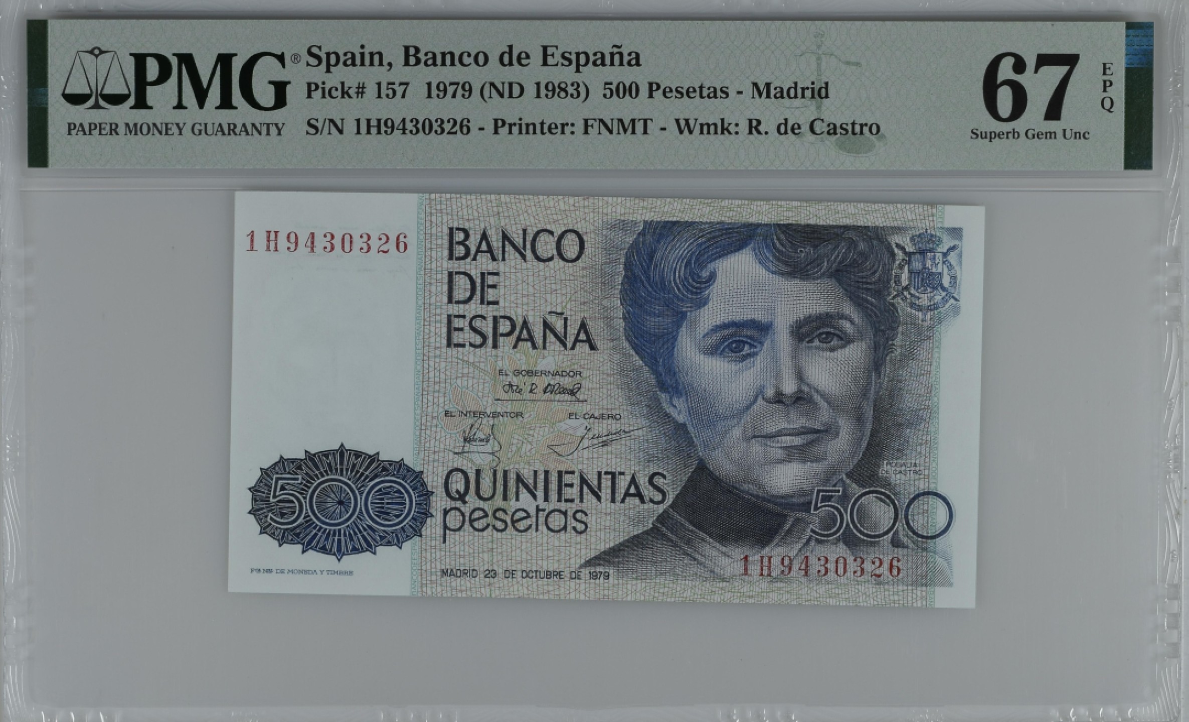 紫瑗钱币——第284期拍卖—纸币团购场 满10件包邮 【67 EPQ】西班牙 1979(1983)年 罗莎莉亚·德·卡斯特罗 500比塞塔 PMG 1H9430326