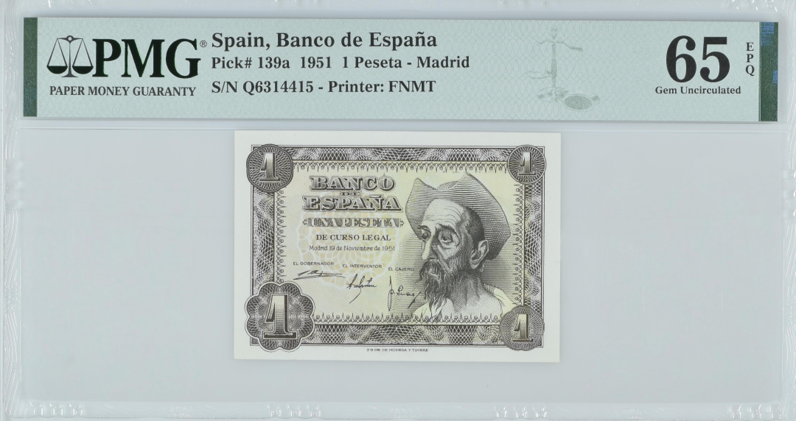 紫瑗钱币——第282期拍卖—纸币团购场（塞尔维亚 西班牙） 满10件包邮 【65 EPQ】西班牙 1951年 唐吉坷德 1比塞塔 PMG (p-139a) Q6314415