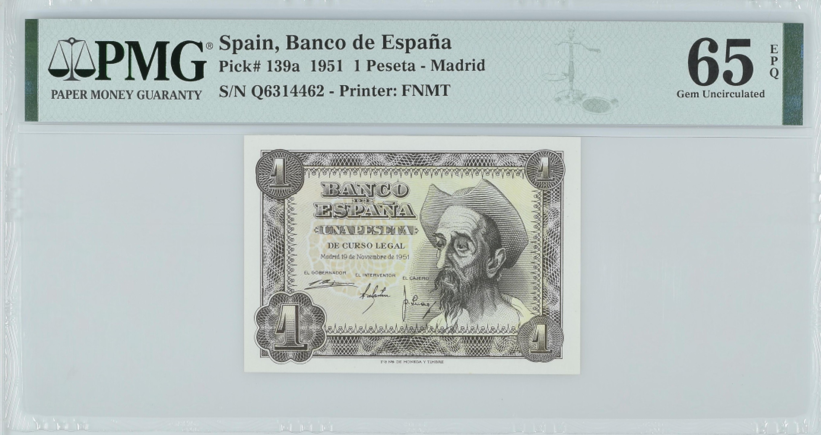 紫瑗钱币——第282期拍卖—纸币团购场（塞尔维亚 西班牙） 满10件包邮 【65 EPQ】西班牙 1951年 唐吉坷德 1比塞塔 PMG (p-139a) Q6314462