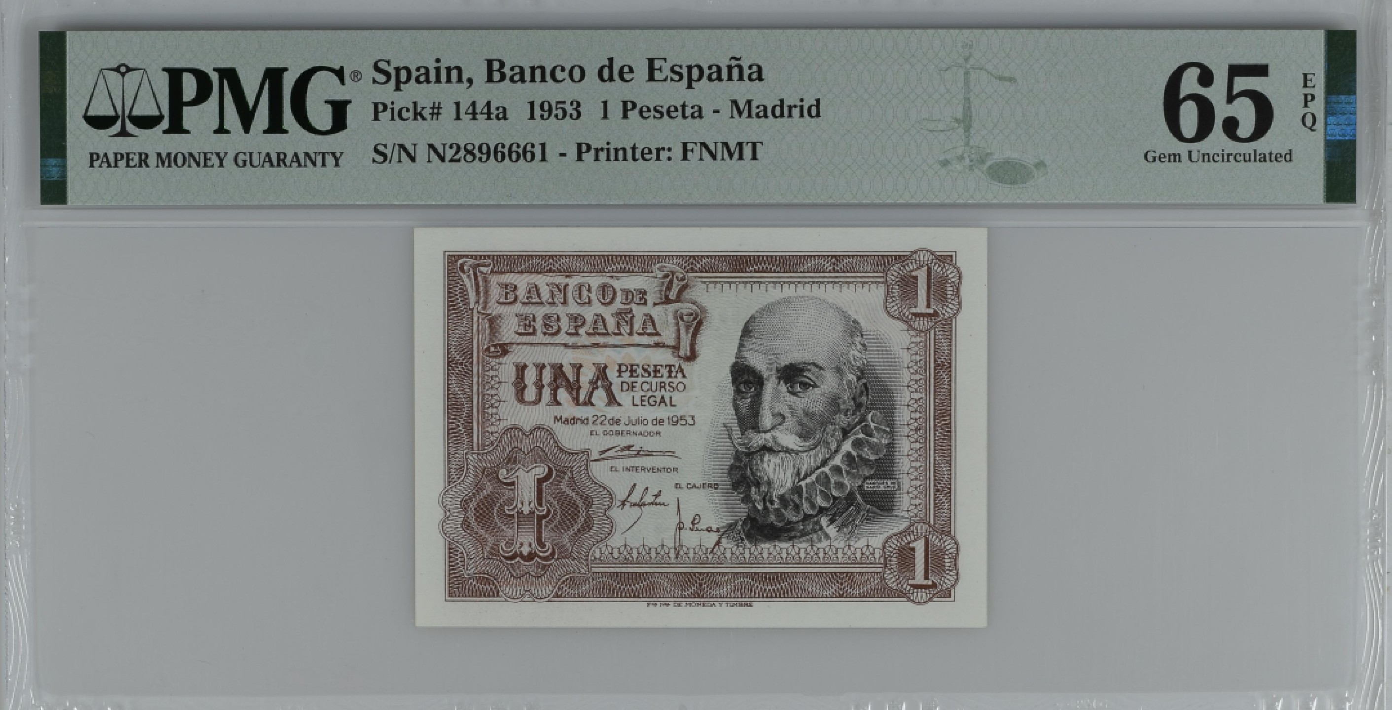 紫瑗钱币——第284期拍卖—纸币团购场 满10件包邮 【65 EPQ】西班牙 1953年  圣克鲁斯侯爵 阿尔瓦罗·德·巴赞 1比塞塔 PMG N2896661