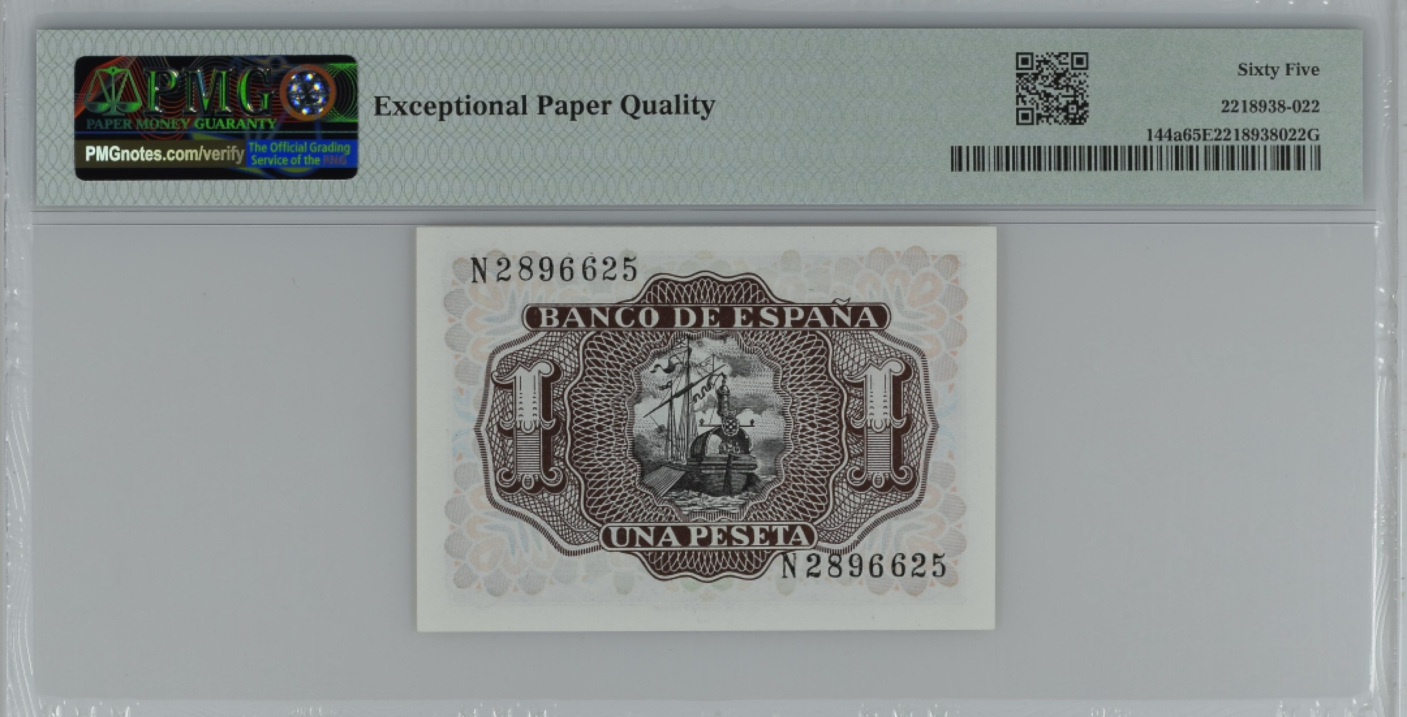 紫瑗钱币——第284期拍卖—纸币团购场 满10件包邮 【65 EPQ】西班牙 1953年  圣克鲁斯侯爵 阿尔瓦罗·德·巴赞 1比塞塔 PMG N2896625