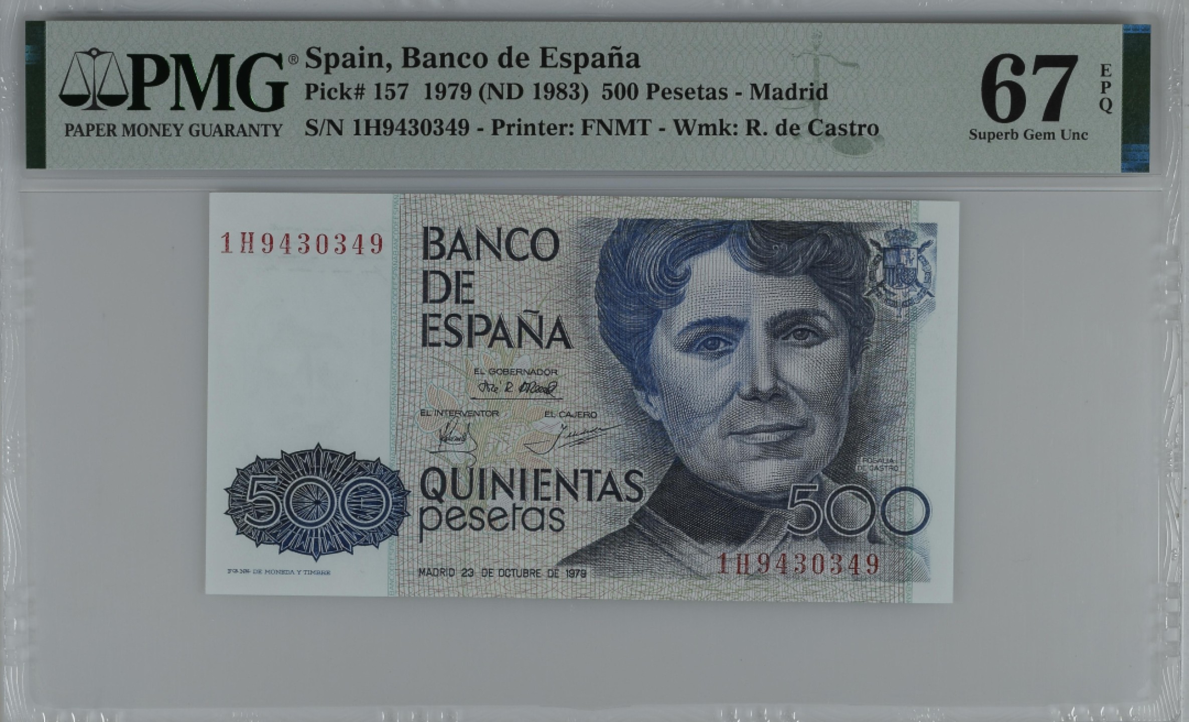 紫瑗钱币——第284期拍卖—纸币团购场 满10件包邮 【67 EPQ】西班牙 1979(1983)年 罗莎莉亚·德·卡斯特罗 500比塞塔 PMG 1H9430349