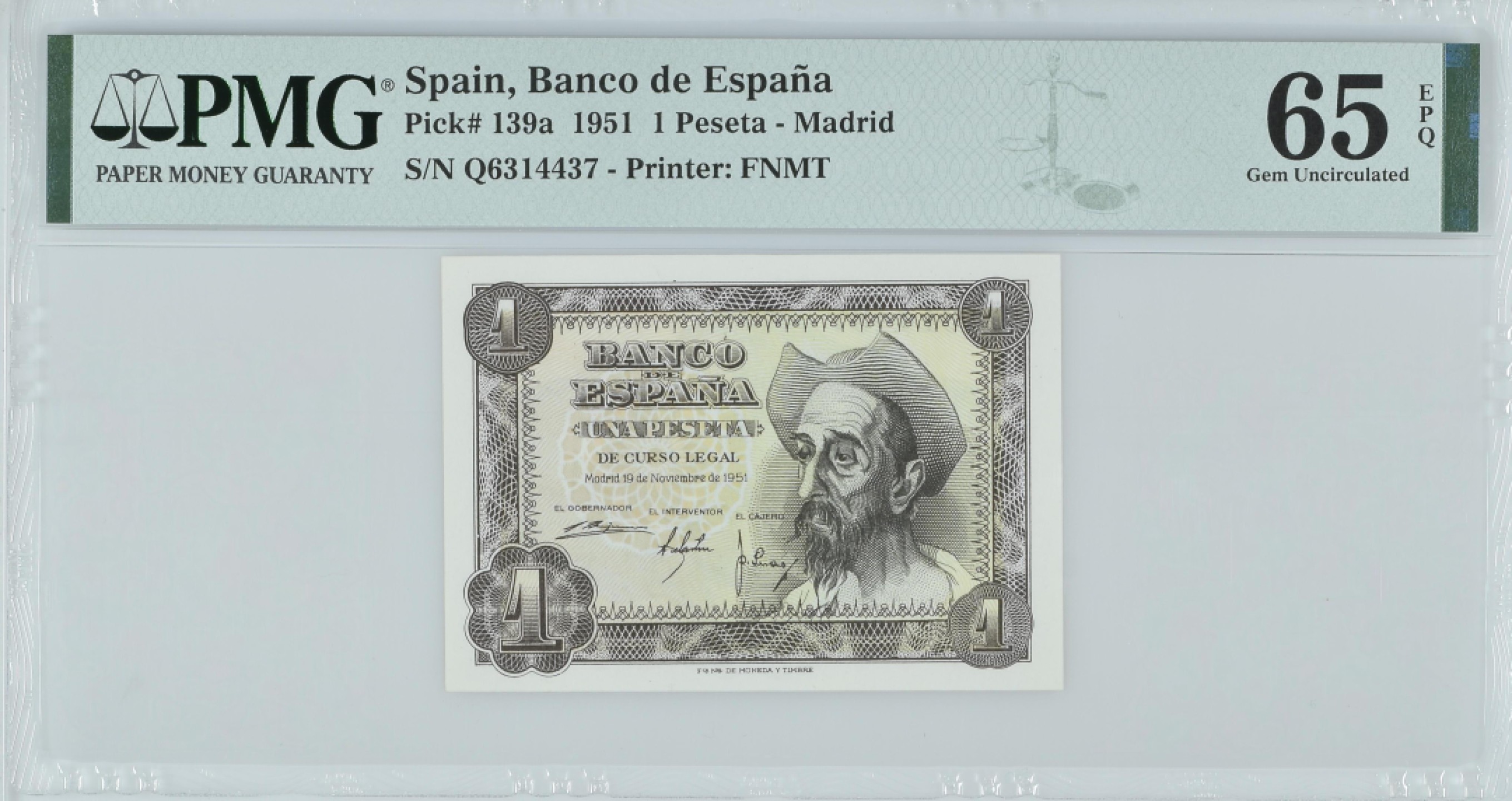 紫瑗钱币——第282期拍卖—纸币团购场（塞尔维亚 西班牙） 满10件包邮 【65 EPQ】西班牙 1951年 唐吉坷德 1比塞塔 PMG (p-139a) Q6314437