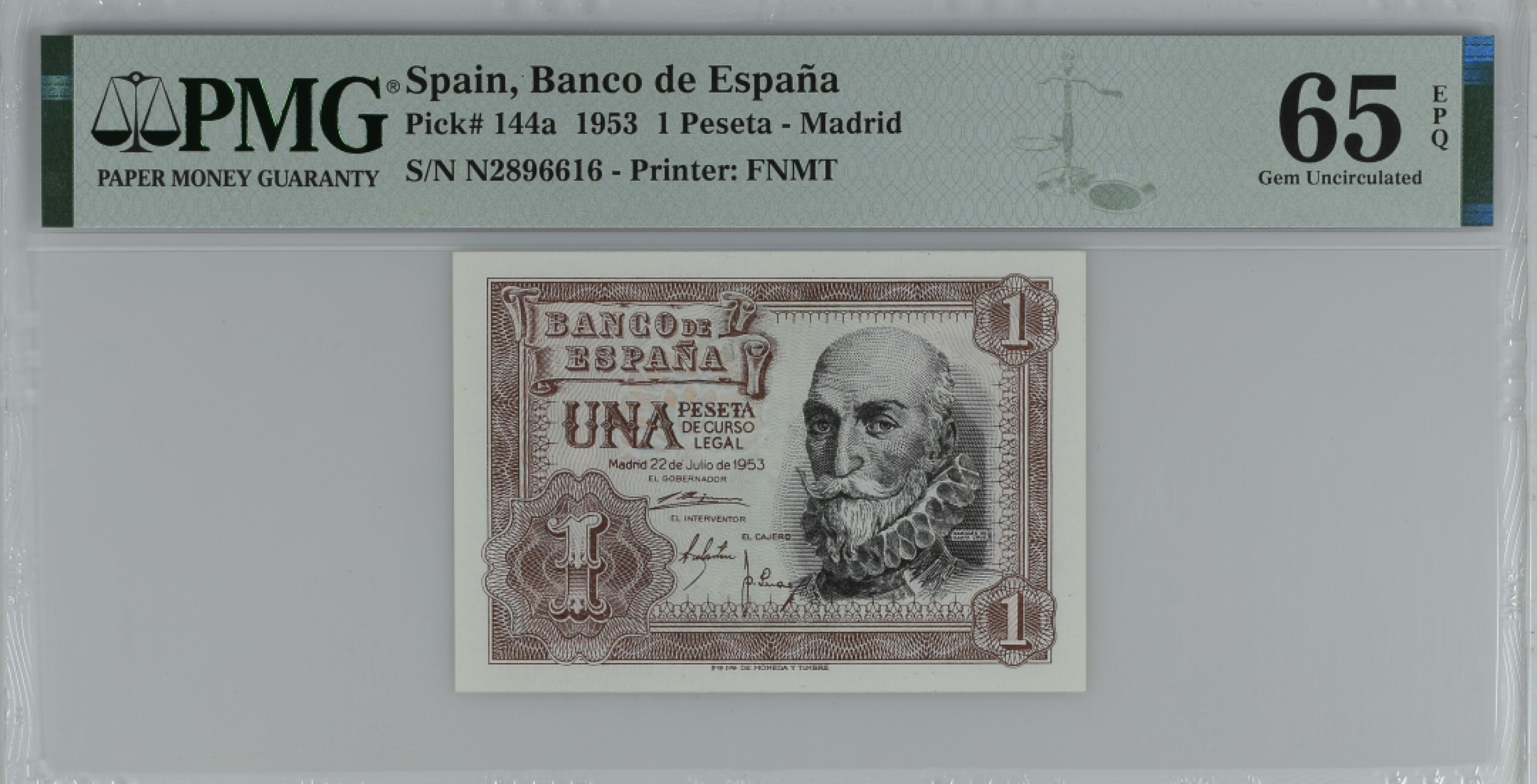 紫瑗钱币——第284期拍卖—纸币团购场 满10件包邮 【65 EPQ】西班牙 1953年  圣克鲁斯侯爵 阿尔瓦罗·德·巴赞 1比塞塔 PMG N2896616