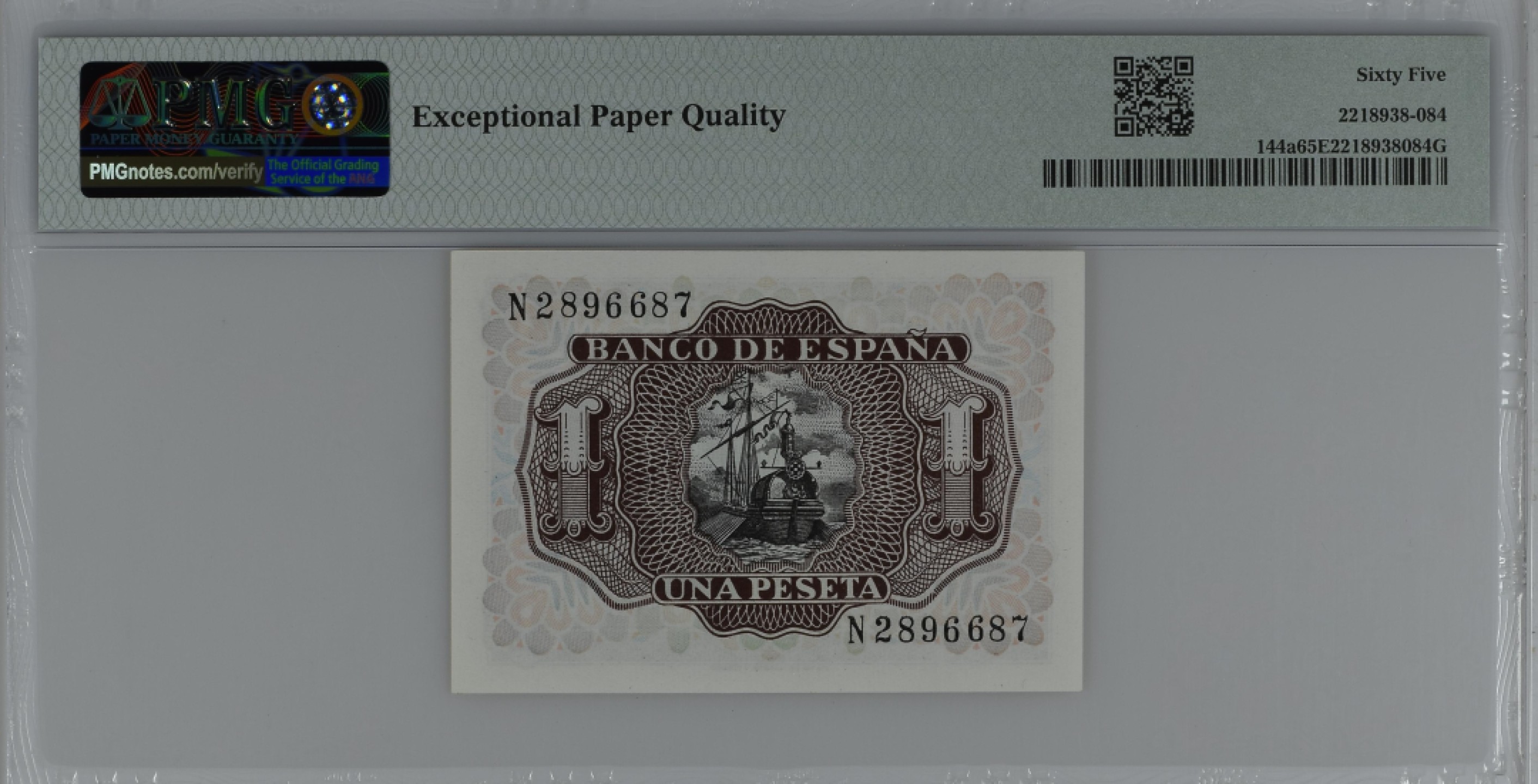 紫瑗钱币——第284期拍卖—纸币团购场 满10件包邮 【65 EPQ】西班牙 1953年  圣克鲁斯侯爵 阿尔瓦罗·德·巴赞 1比塞塔 PMG N2896687