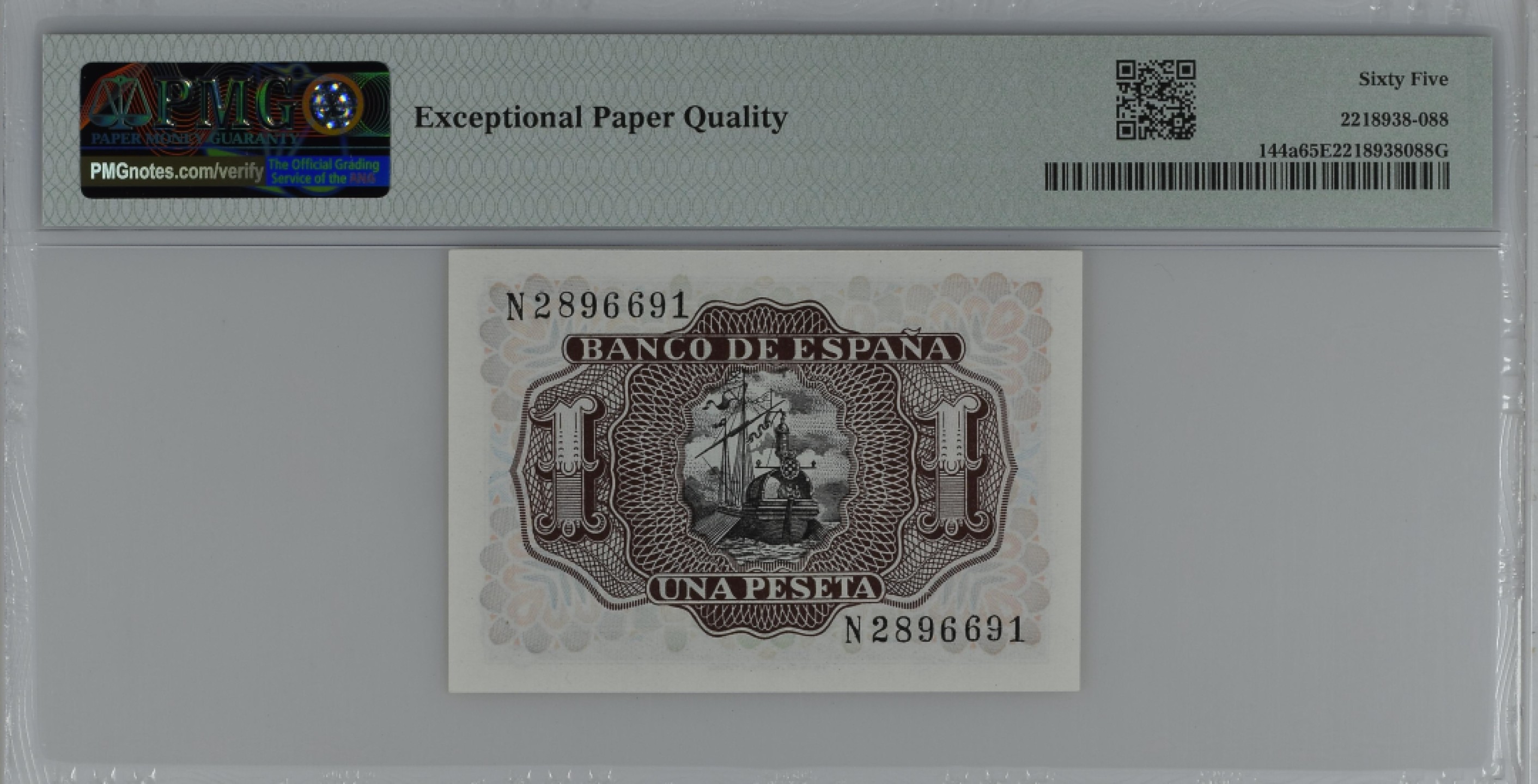 紫瑗钱币——第284期拍卖—纸币团购场 满10件包邮 【65 EPQ】西班牙 1953年  圣克鲁斯侯爵 阿尔瓦罗·德·巴赞 1比塞塔 PMG N2896691