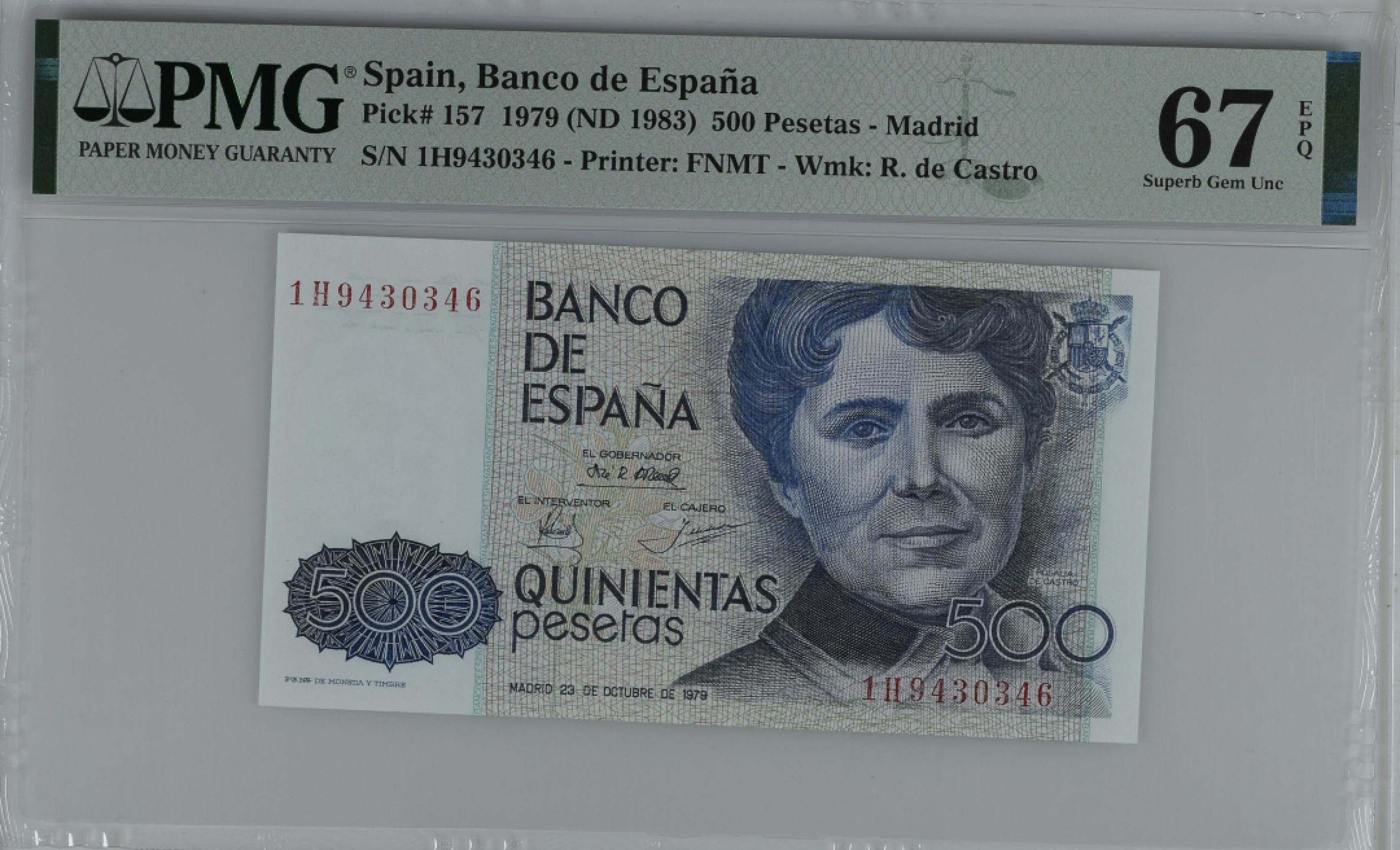 紫瑗钱币——第284期拍卖—纸币团购场 满10件包邮 【67 EPQ】西班牙 1979(1983)年 罗莎莉亚·德·卡斯特罗 500比塞塔 PMG 1H9430346