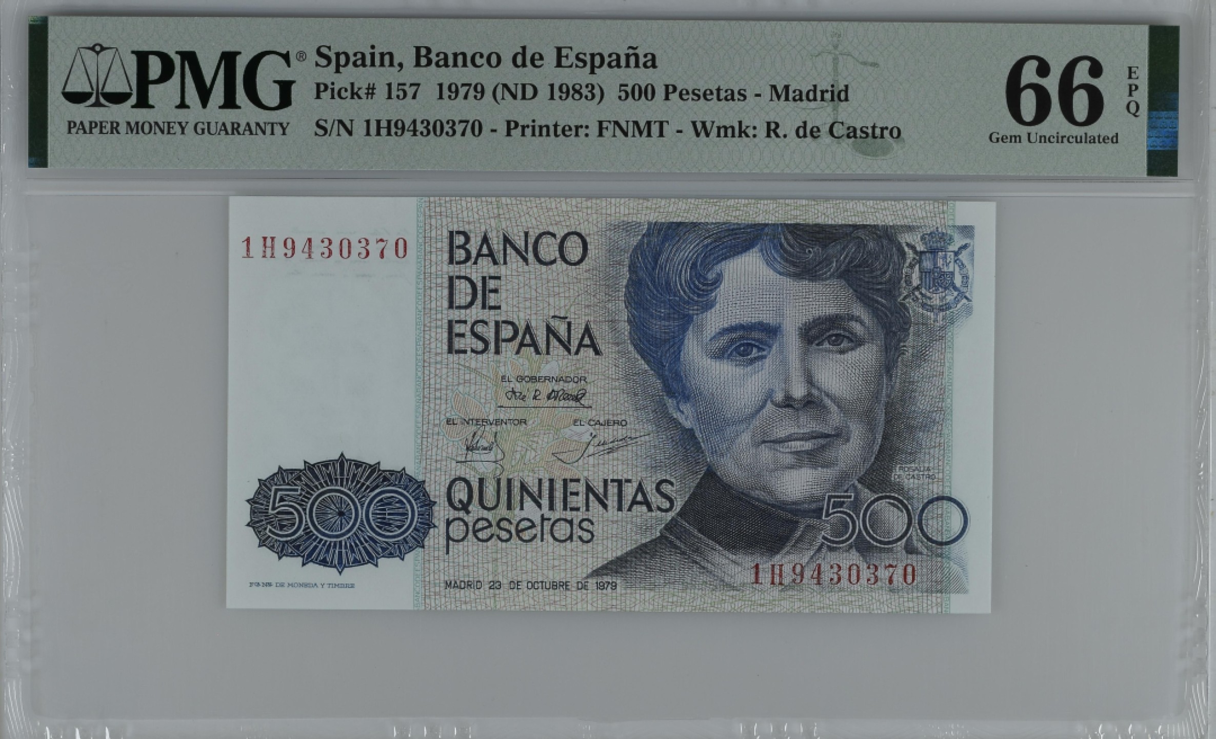 紫瑗钱币——第284期拍卖—纸币团购场 满10件包邮 【66 EPQ】西班牙 1979(1983)年 罗莎莉亚·德·卡斯特罗 500比塞塔 PMG 1H9430370