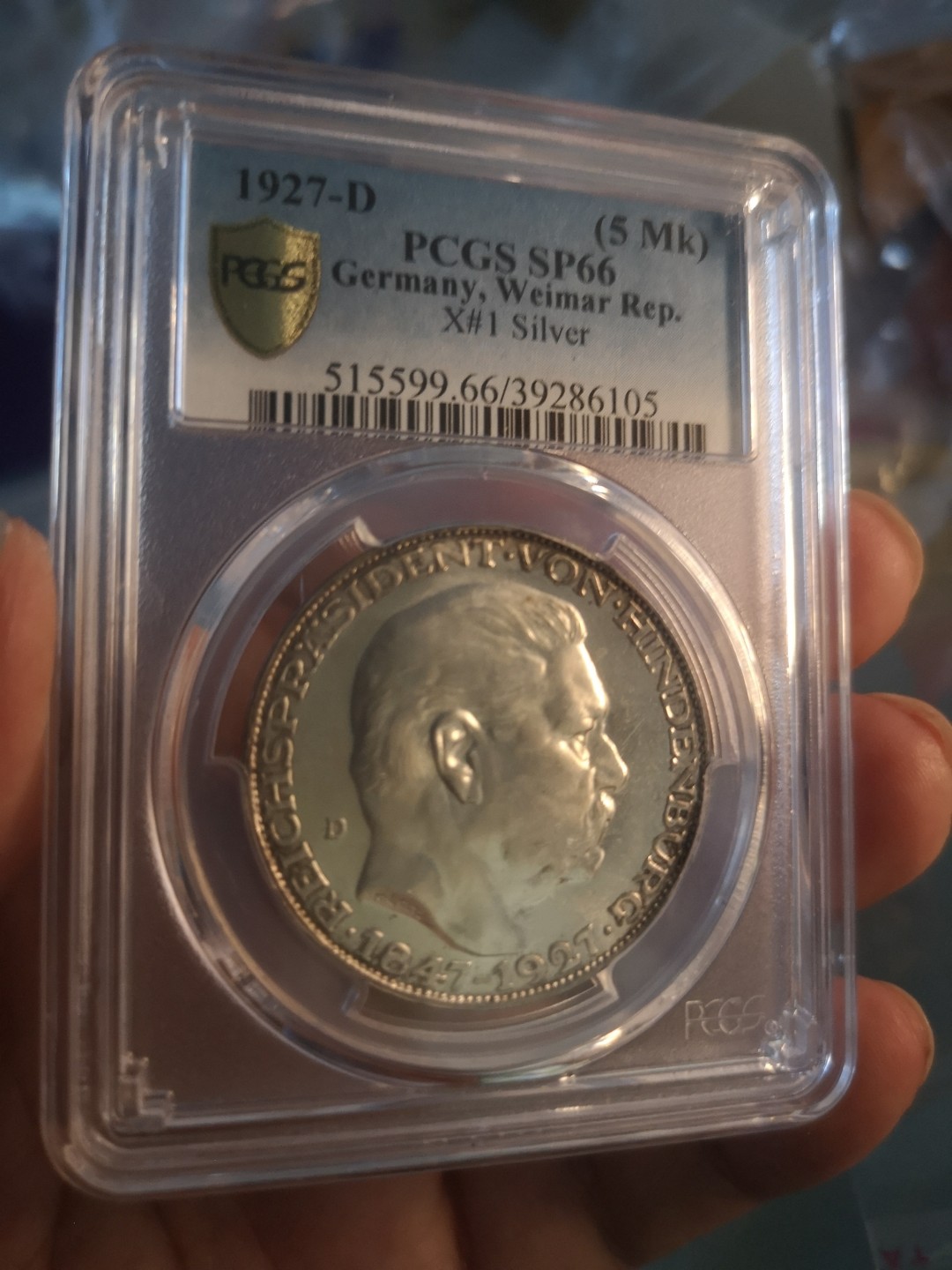 长老汇精品老银币系列 德国1927兴登堡80大寿5马克大银章，卡尔哥茨作品，PCGS SP66