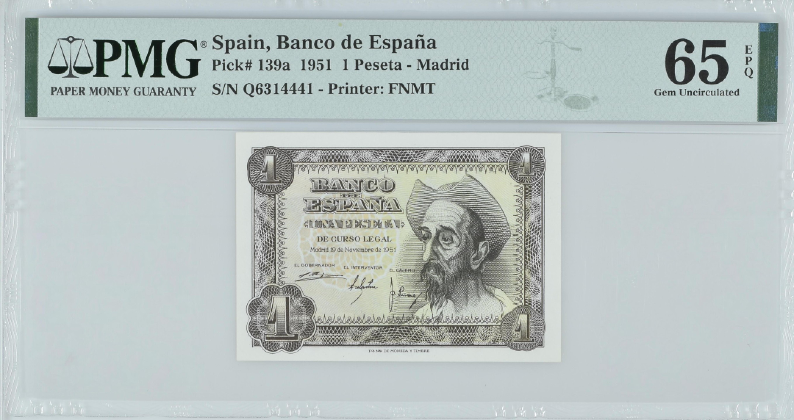 紫瑗钱币——第282期拍卖—纸币团购场（塞尔维亚 西班牙） 满10件包邮 【65 EPQ】西班牙 1951年 唐吉坷德 1比塞塔 PMG (p-139a) Q6314441