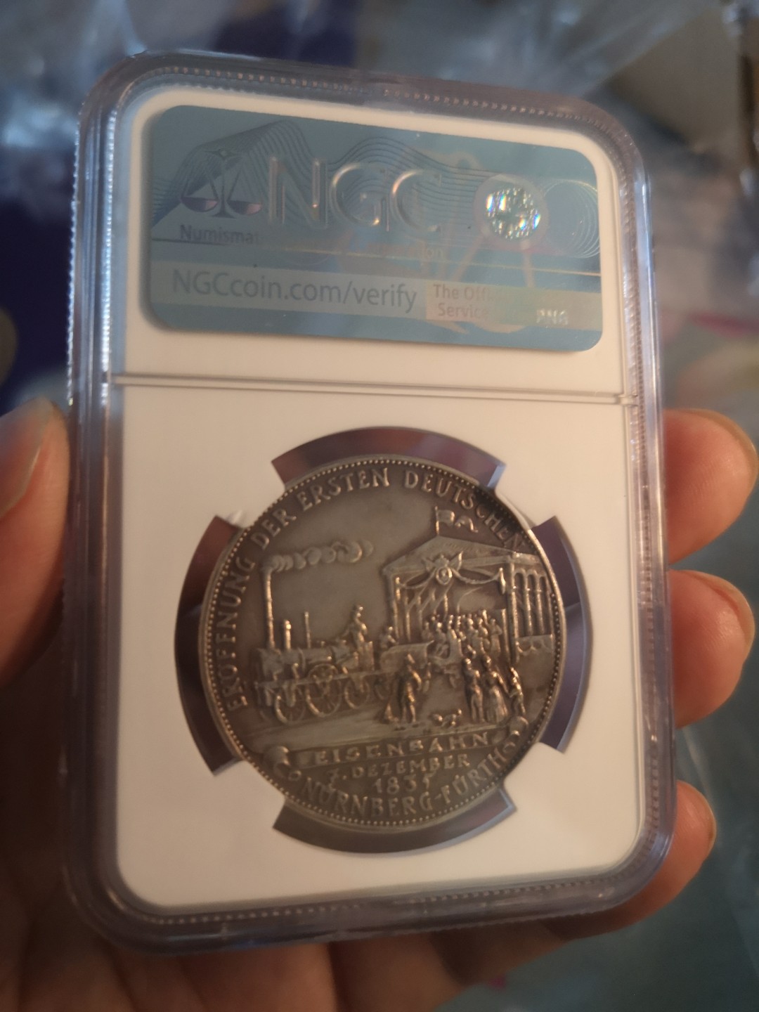 长老汇精品老银币系列 1935纽伦堡-福斯铁路开通纪念银章，卡尔哥茨作品，NGC MS61