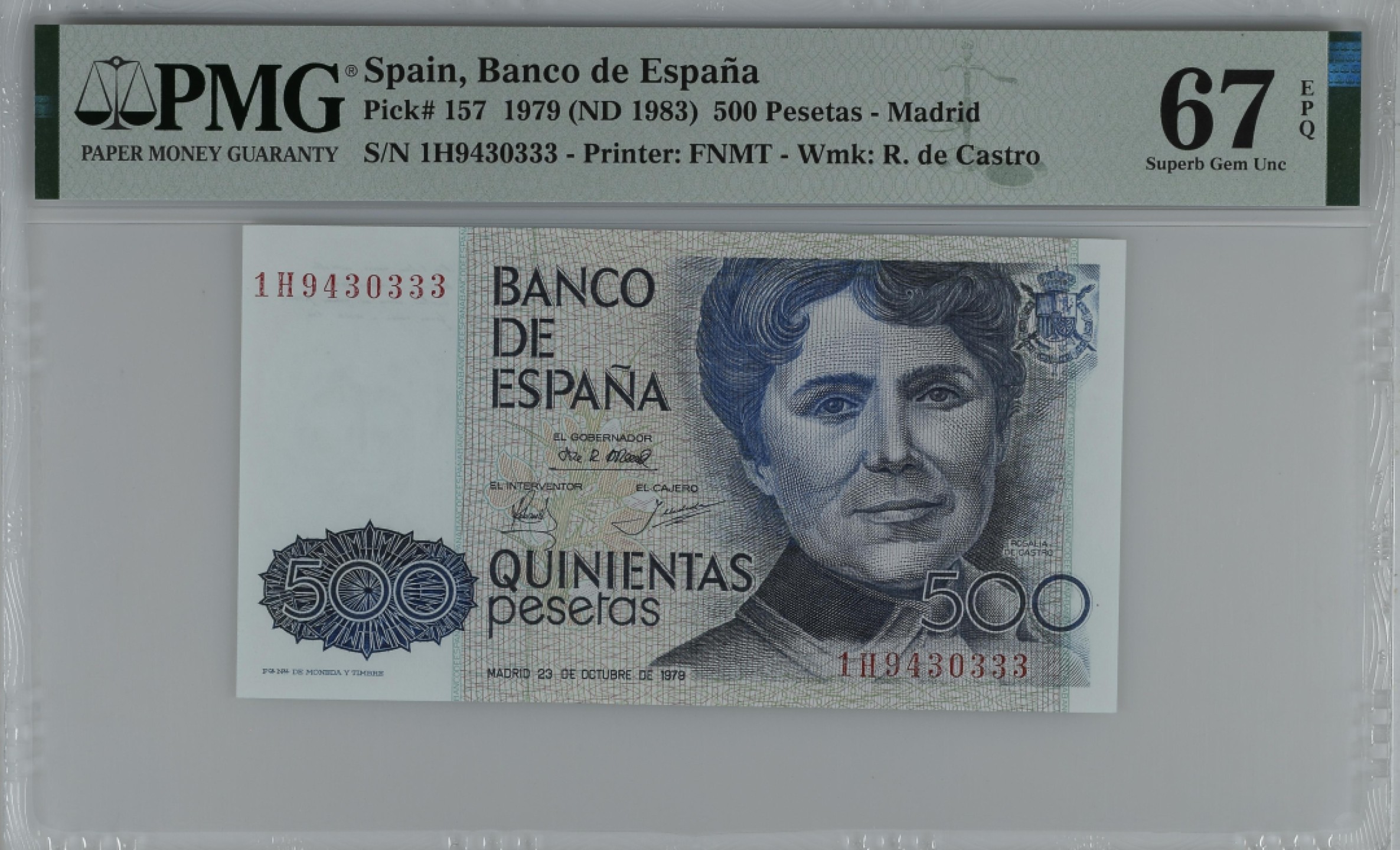 紫瑗钱币——第284期拍卖—纸币团购场 满10件包邮 【67 EPQ 豹子号3】西班牙 1979(1983)年 罗莎莉亚·德·卡斯特罗 500比塞塔 PMG 1H9430333