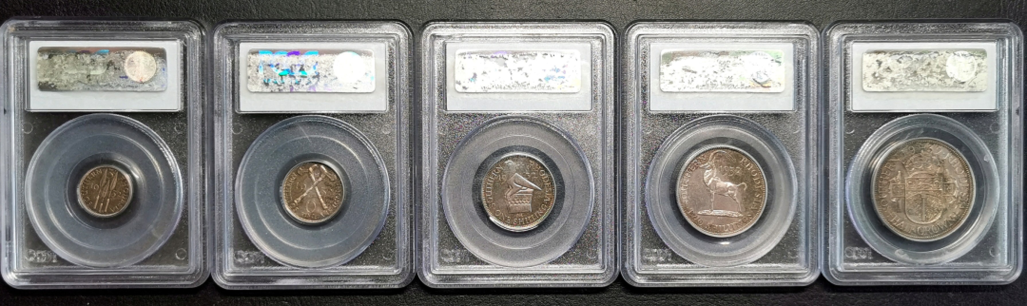 凡希社世界钱币微拍第二百四十二期 荐！1932英属南罗得西亚乔五精铸PS五枚套PCGS-PF64均匀紫罗兰彩见细节图！