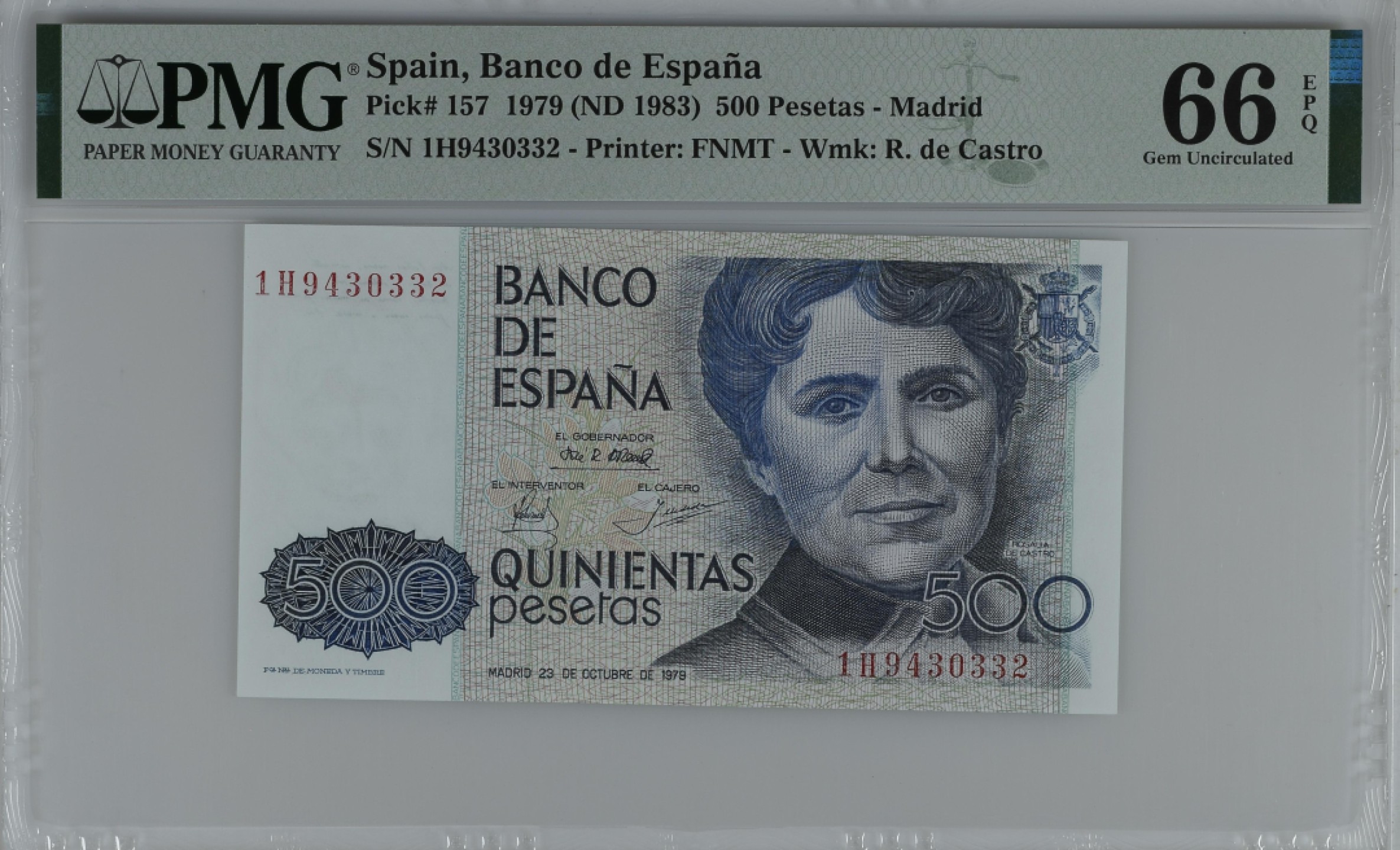 紫瑗钱币——第284期拍卖—纸币团购场 满10件包邮 【66 EPQ】西班牙 1979(1983)年 罗莎莉亚·德·卡斯特罗 500比塞塔 PMG 1H9430332