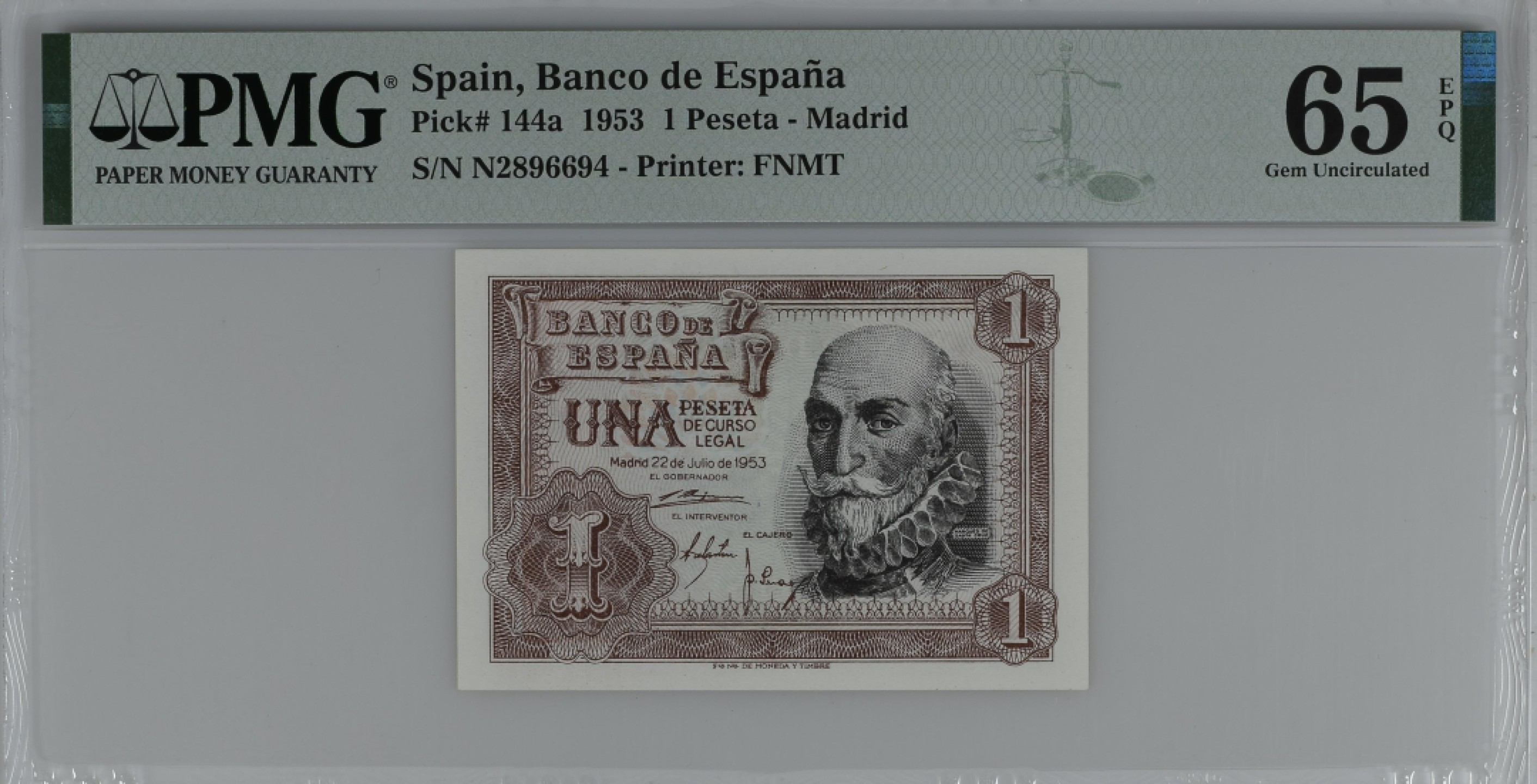 紫瑗钱币——第284期拍卖—纸币团购场 满10件包邮 【65 EPQ】西班牙 1953年  圣克鲁斯侯爵 阿尔瓦罗·德·巴赞 1比塞塔 PMG N2896694