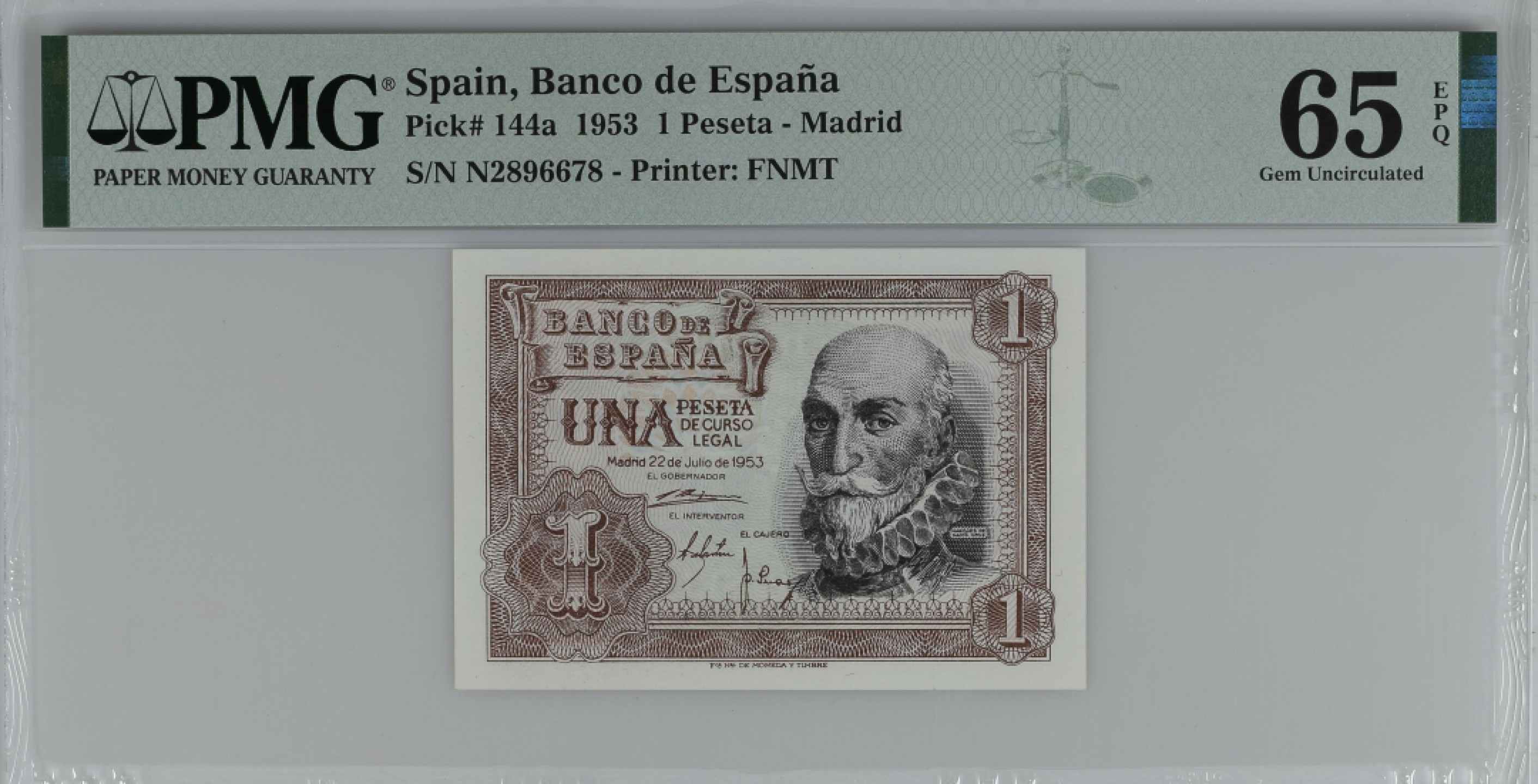 紫瑗钱币——第284期拍卖—纸币团购场 满10件包邮 【65 EPQ】西班牙 1953年  圣克鲁斯侯爵 阿尔瓦罗·德·巴赞 1比塞塔 PMG N2896678