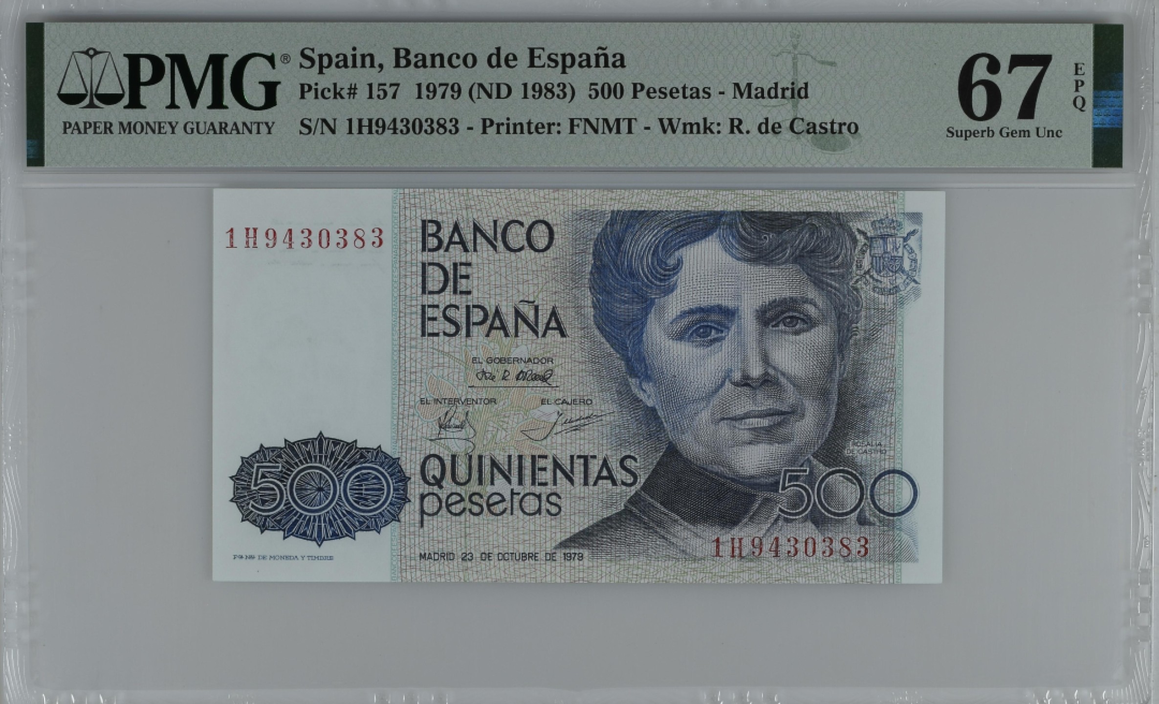 紫瑗钱币——第284期拍卖—纸币团购场 满10件包邮 【67 EPQ】西班牙 1979(1983)年 罗莎莉亚·德·卡斯特罗 500比塞塔 PMG 1H9430383