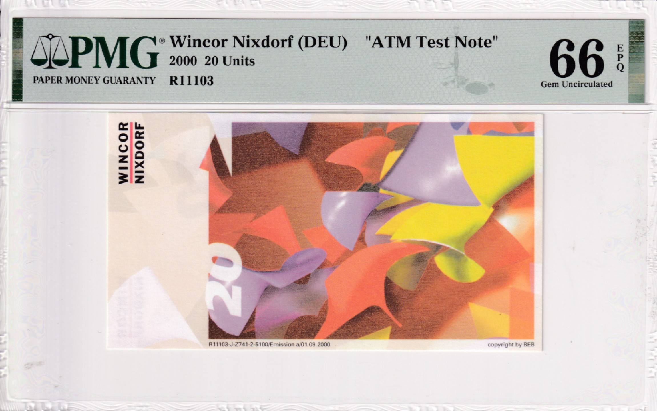 乐淘淘纸币精选场 平价专场 第5期 本期免押金！ 【R11103】Wincor Nixdorf 德利多富ATM测试钞 20 少见品种 PMG66EPQ