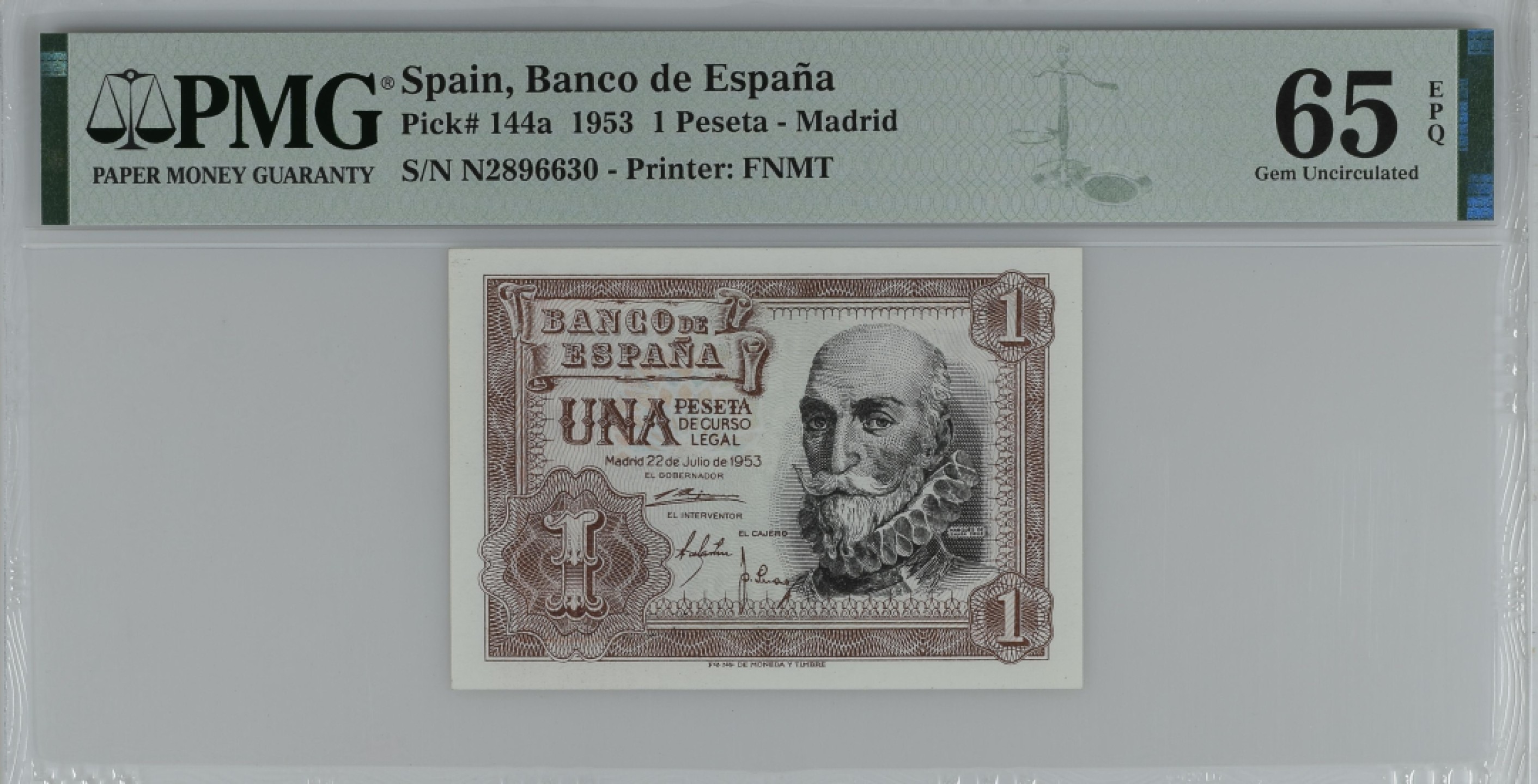 紫瑗钱币——第284期拍卖—纸币团购场 满10件包邮 【65 EPQ】西班牙 1953年  圣克鲁斯侯爵 阿尔瓦罗·德·巴赞 1比塞塔 PMG N2896630