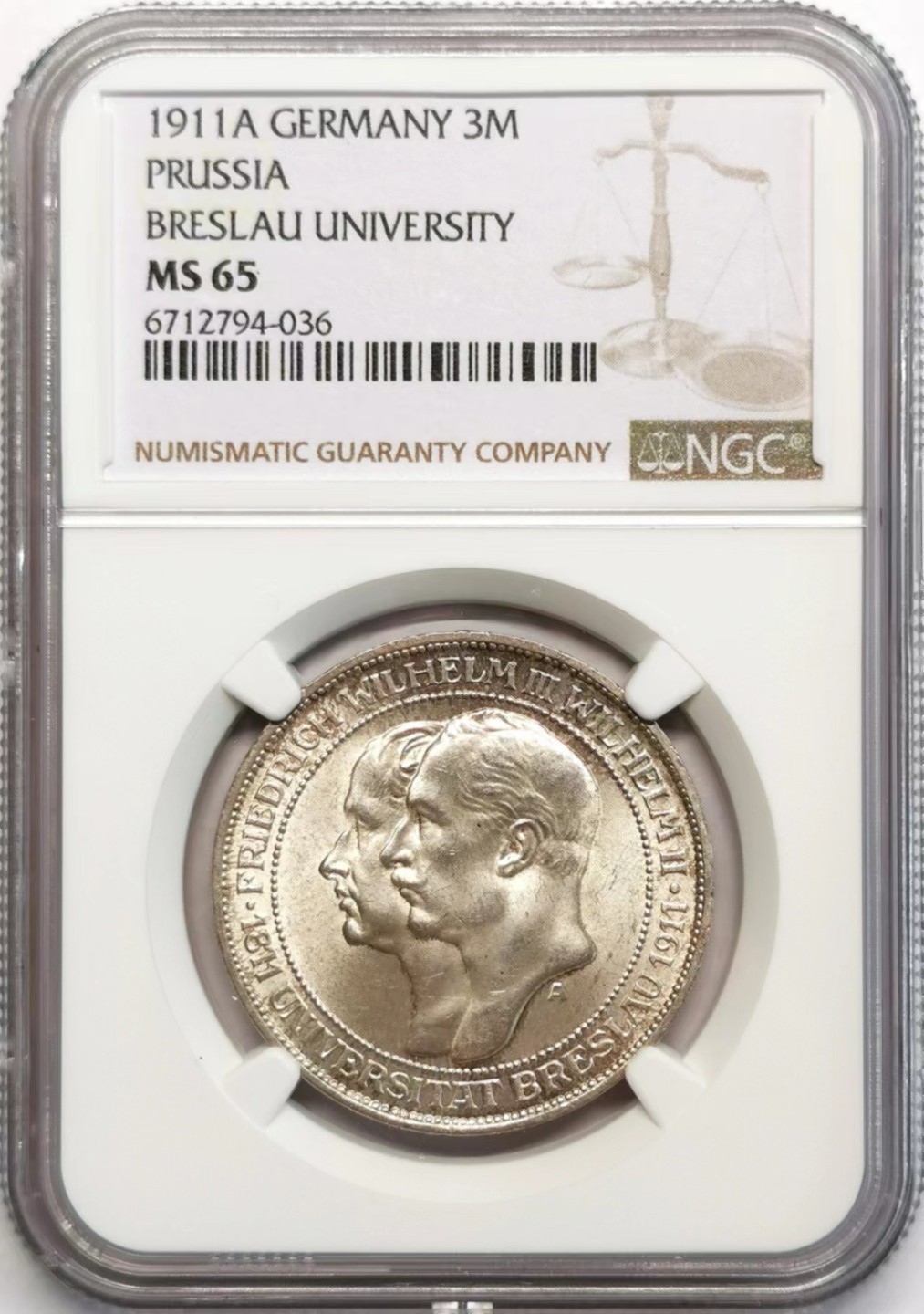 凡希社世界钱币微拍第二百四十二期 1911普鲁士布雷斯劳大学3马克NGC-MS65