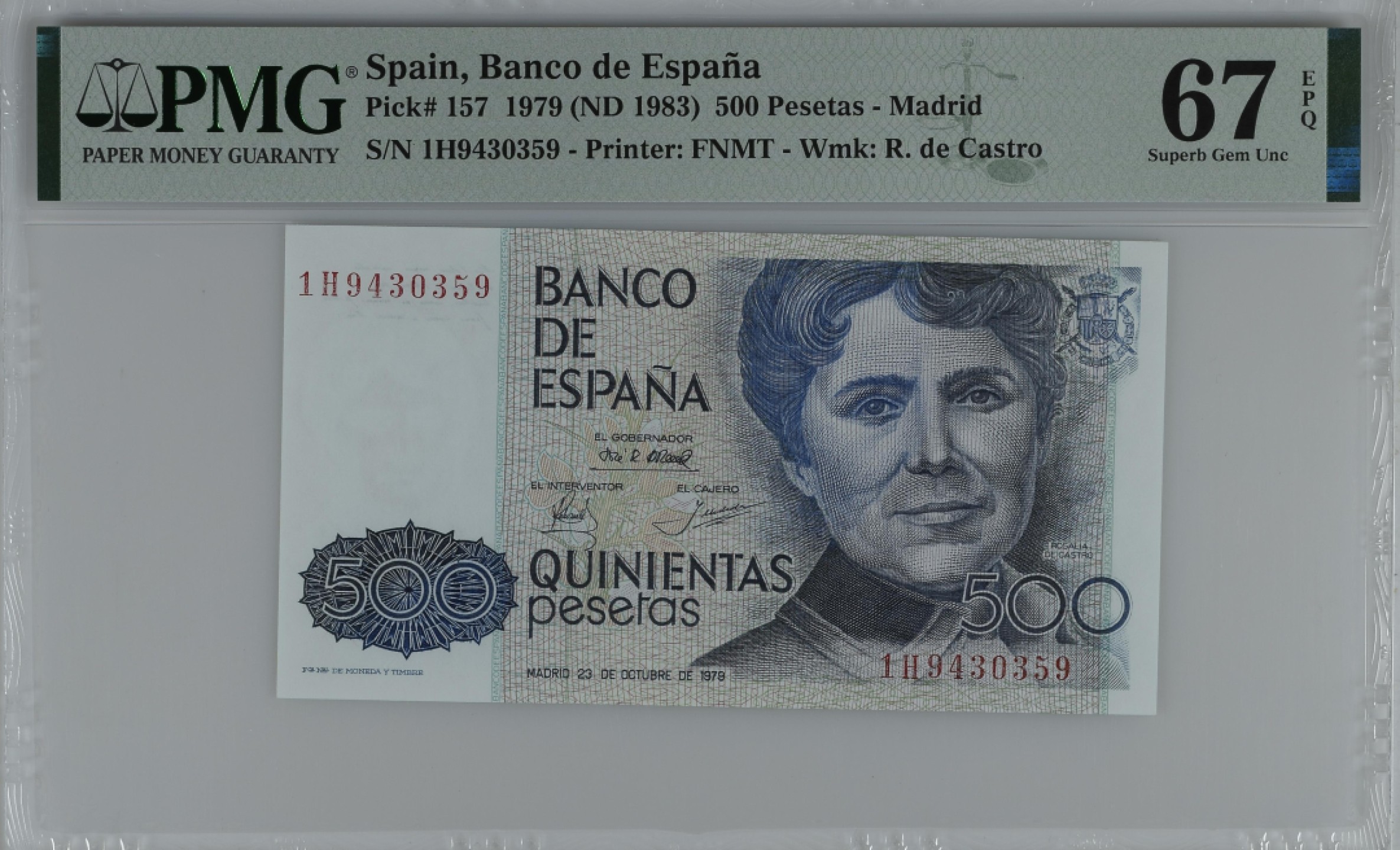 紫瑗钱币——第284期拍卖—纸币团购场 满10件包邮 【67 EPQ】西班牙 1979(1983)年 罗莎莉亚·德·卡斯特罗 500比塞塔 PMG 1H9430359