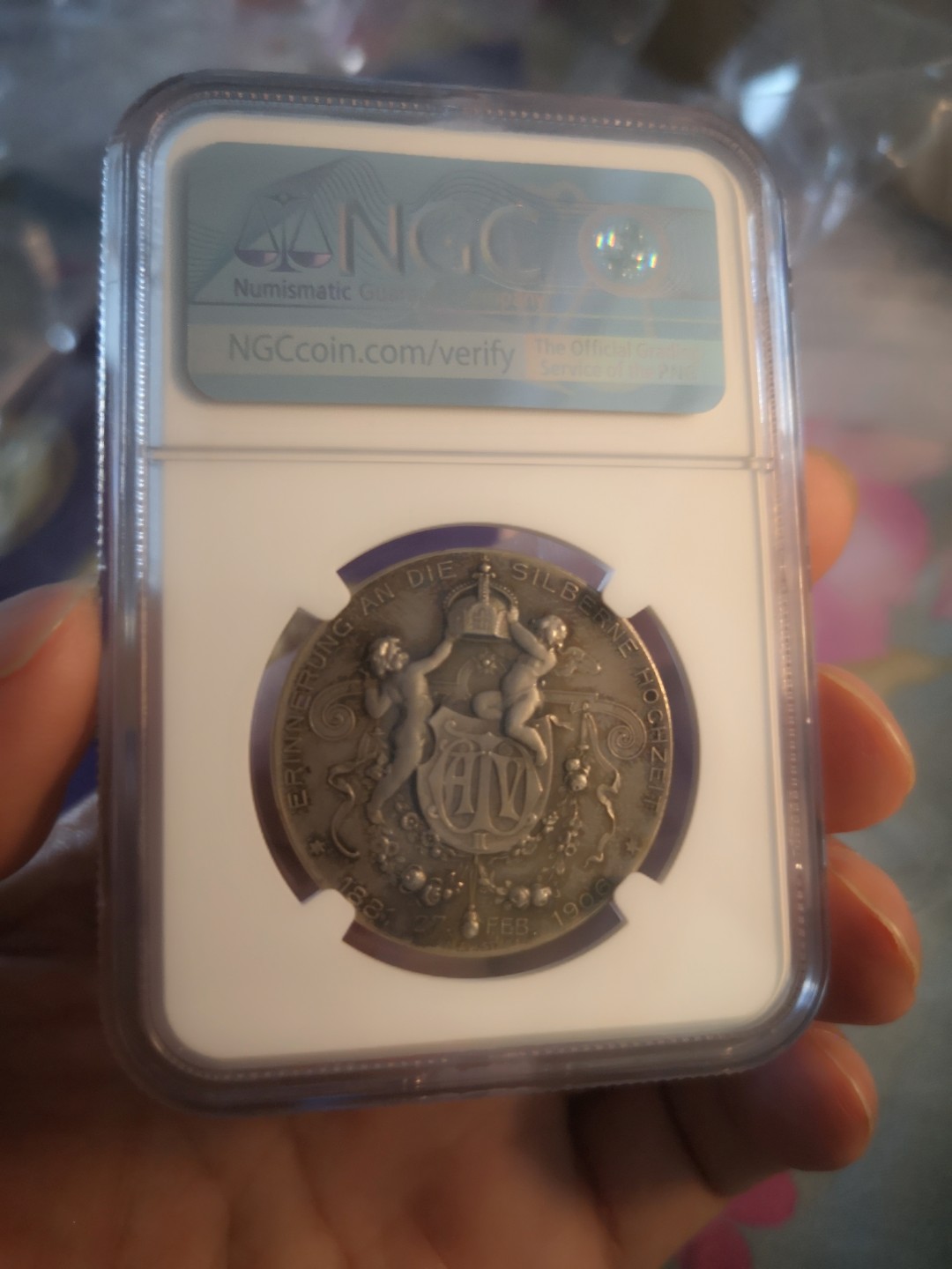 长老汇精品老银币系列 德国1906德皇威廉二世夫妇银婚纪念银章，背面天使图案，NGC MS63