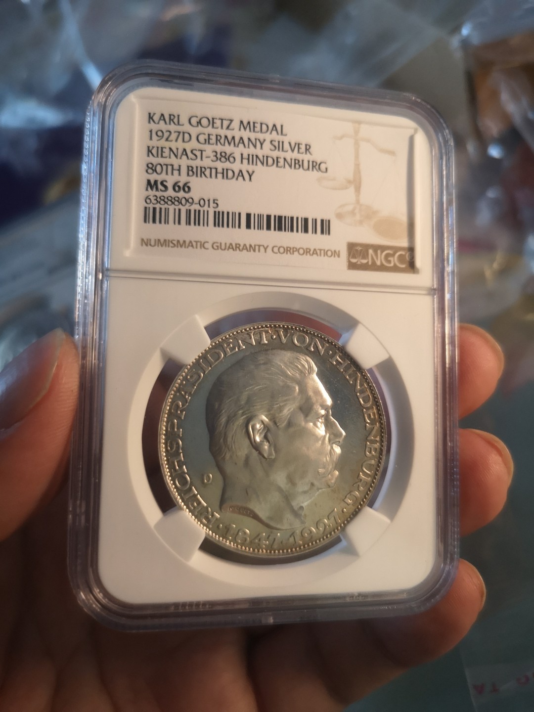 长老汇精品老银币系列 德国1927兴登堡80大寿5马克大银章，卡尔哥茨作品，NGC MS66