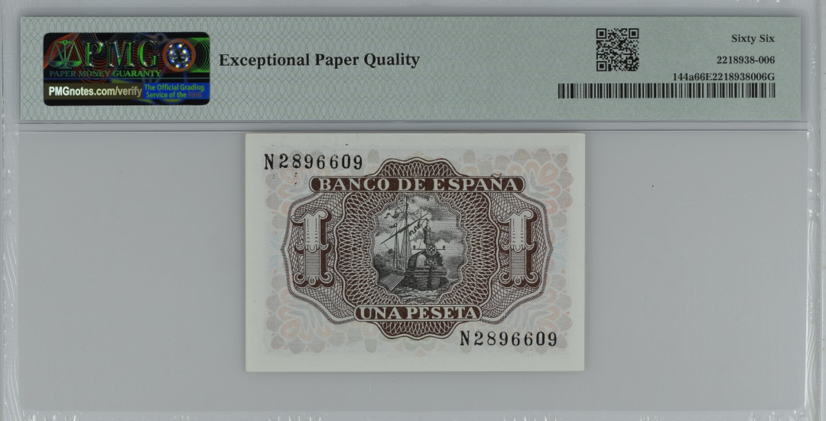 紫瑗钱币——第284期拍卖—纸币团购场 满10件包邮 【66 EPQ】西班牙 1953年  圣克鲁斯侯爵 阿尔瓦罗·德·巴赞 1比塞塔 PMG N2896609