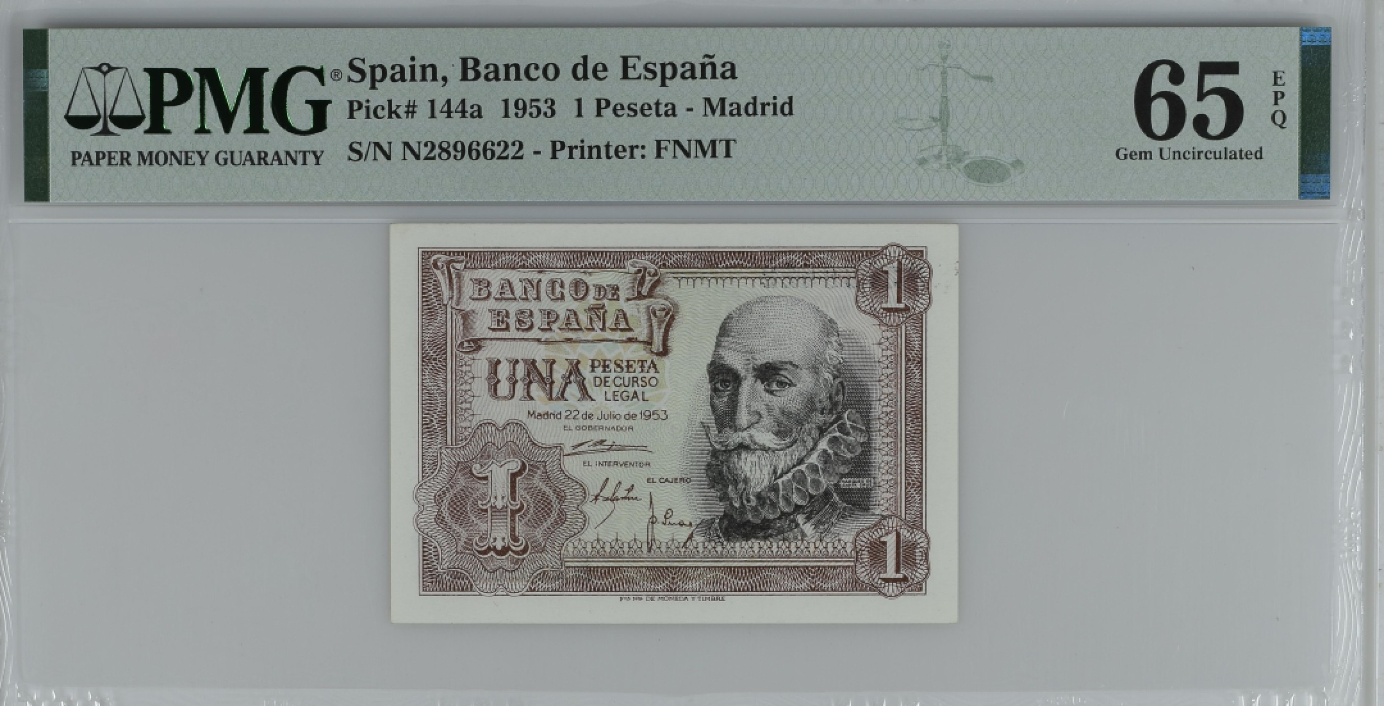 紫瑗钱币——第284期拍卖—纸币团购场 满10件包邮 【65 EPQ 叠尾2】西班牙 1953年  圣克鲁斯侯爵 阿尔瓦罗·德·巴赞 1比塞塔 PMG N2896622